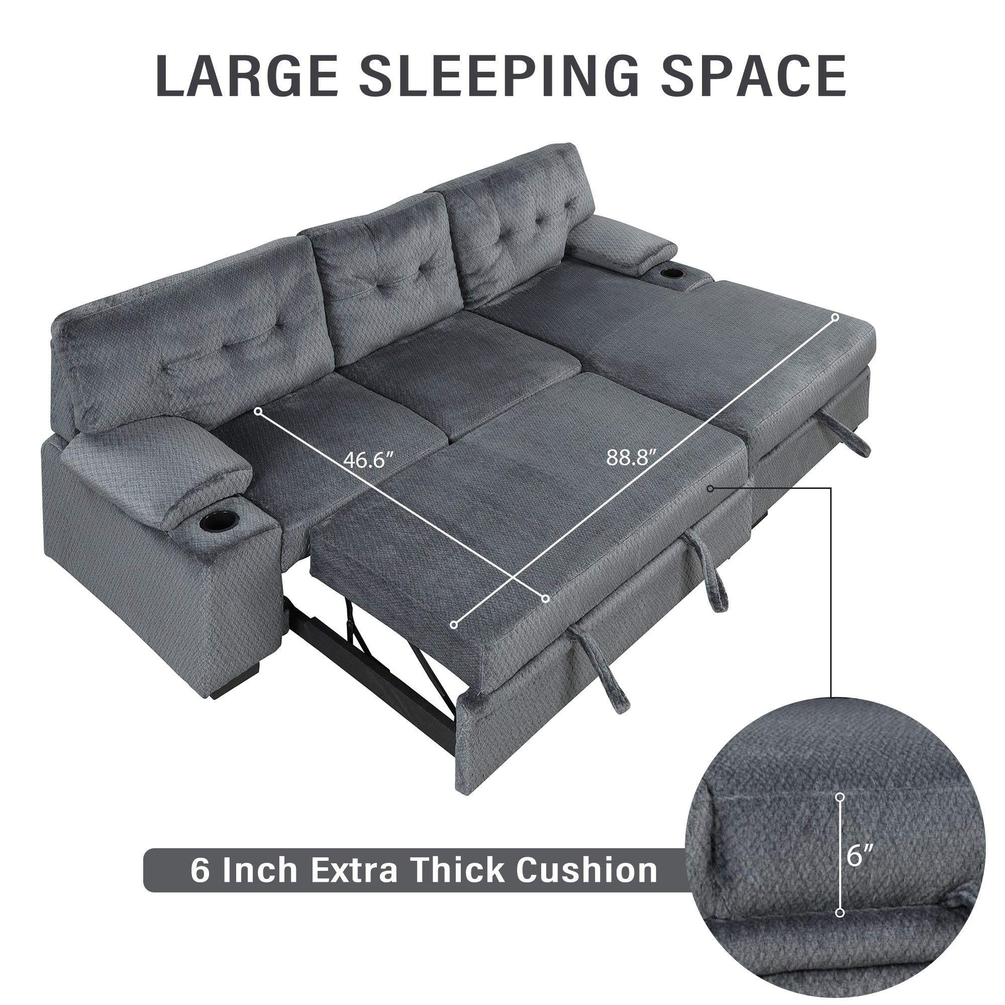 95.7"Modern Padded Upholstered  Sofa Bed Sleeper Sectional Sofa withStorage Chaise and Cup Holder for Living Room Furniture Set