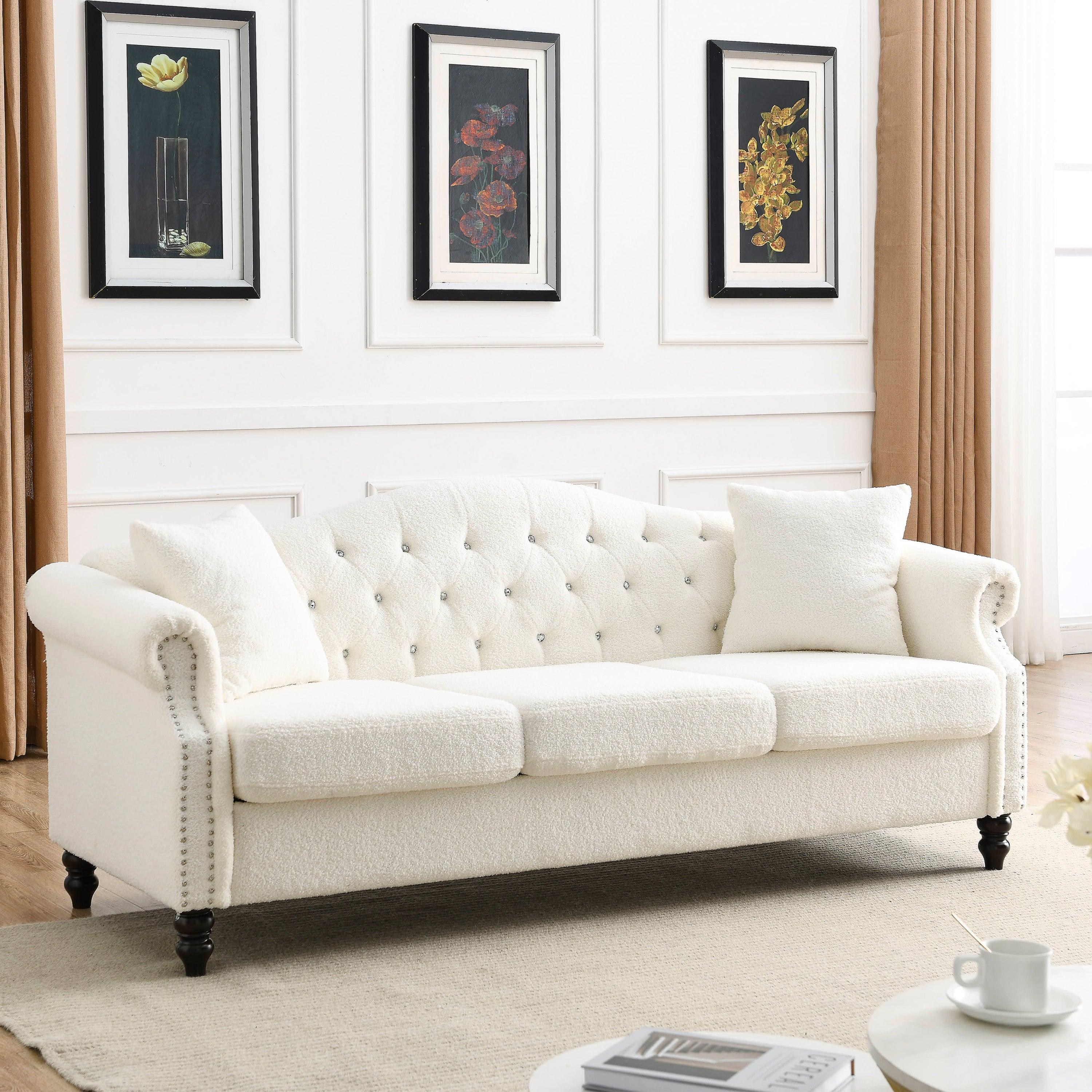 79" Chesterfield Sofa Teddy white for Living Room, 3 Seater Sofa Tufted Couch with Rolled Arms and Nailhead for Living Room, Bedroom, Office, Apartment, two pillows