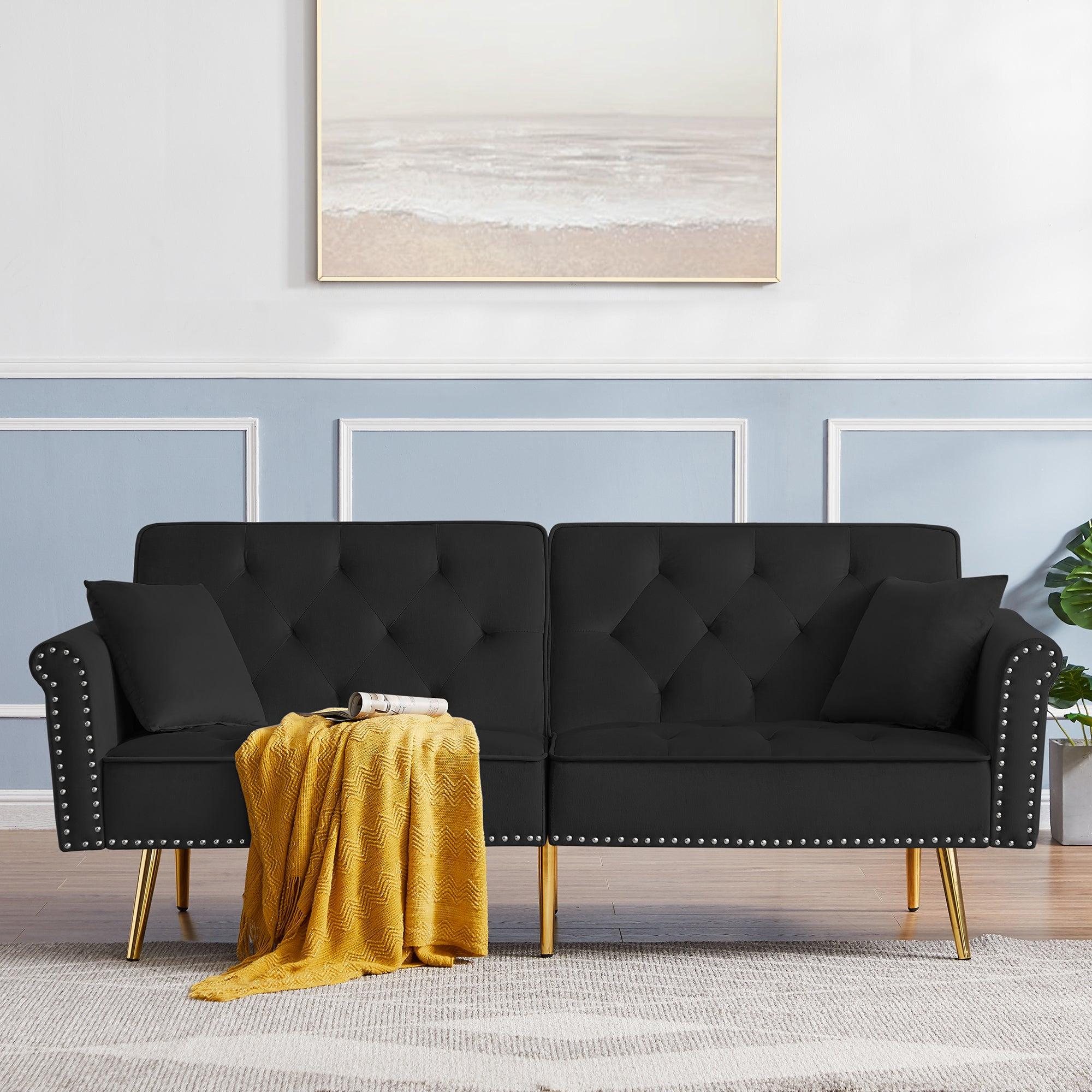 Modern Velvet Tufted Sofa Couch with 2 Pillows and Nailhead Trim, Loveseat Sofa Futon Sofa Bed with Metal Legs  for Living Room. image