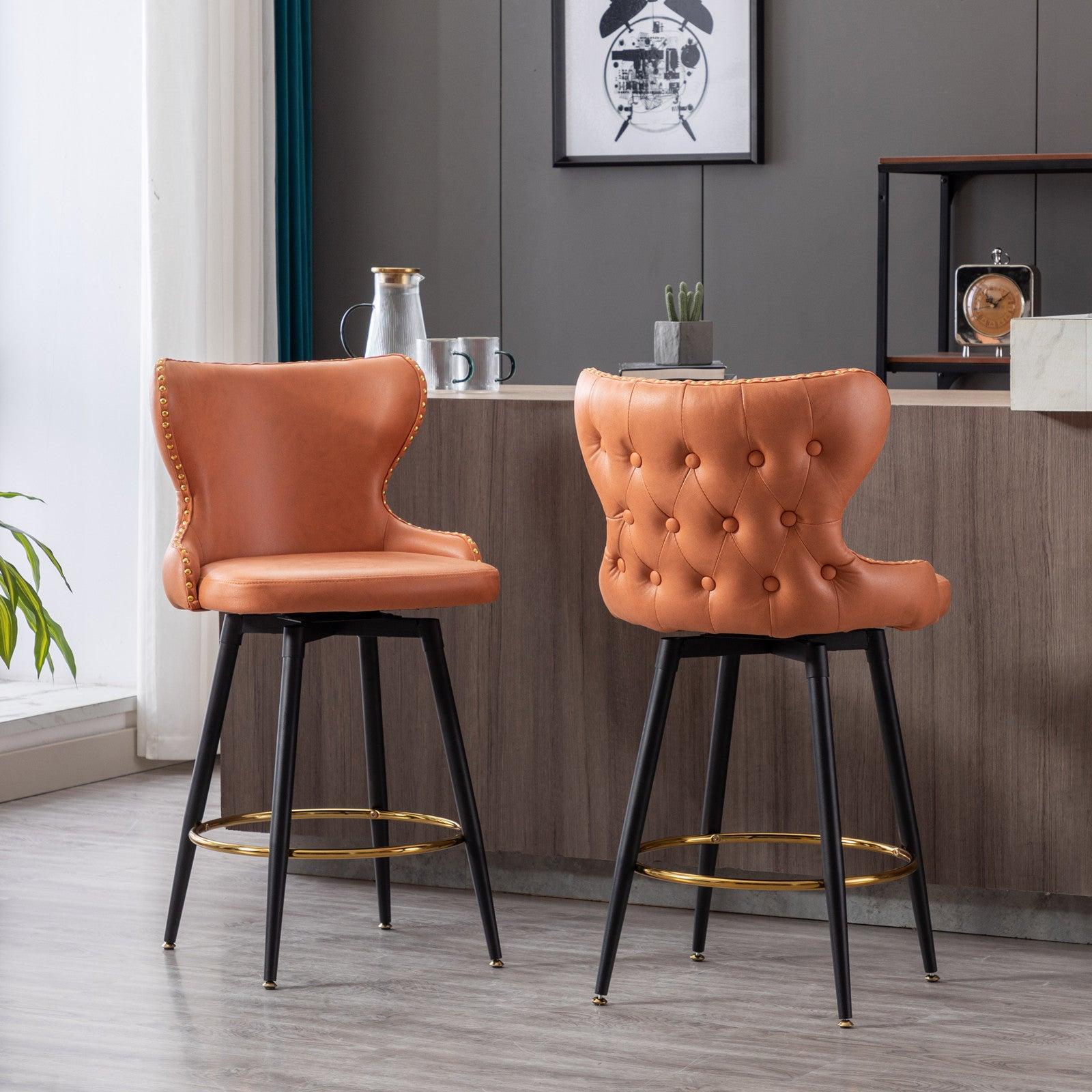 Counter Height 25"Modern Leathaire Fabric bar chairs,180° Swivel Bar Stool Chair for Kitchen,Tufted Gold Nailhead Trim Bar Stools with Metal Legs,Set of 2 (Orange)