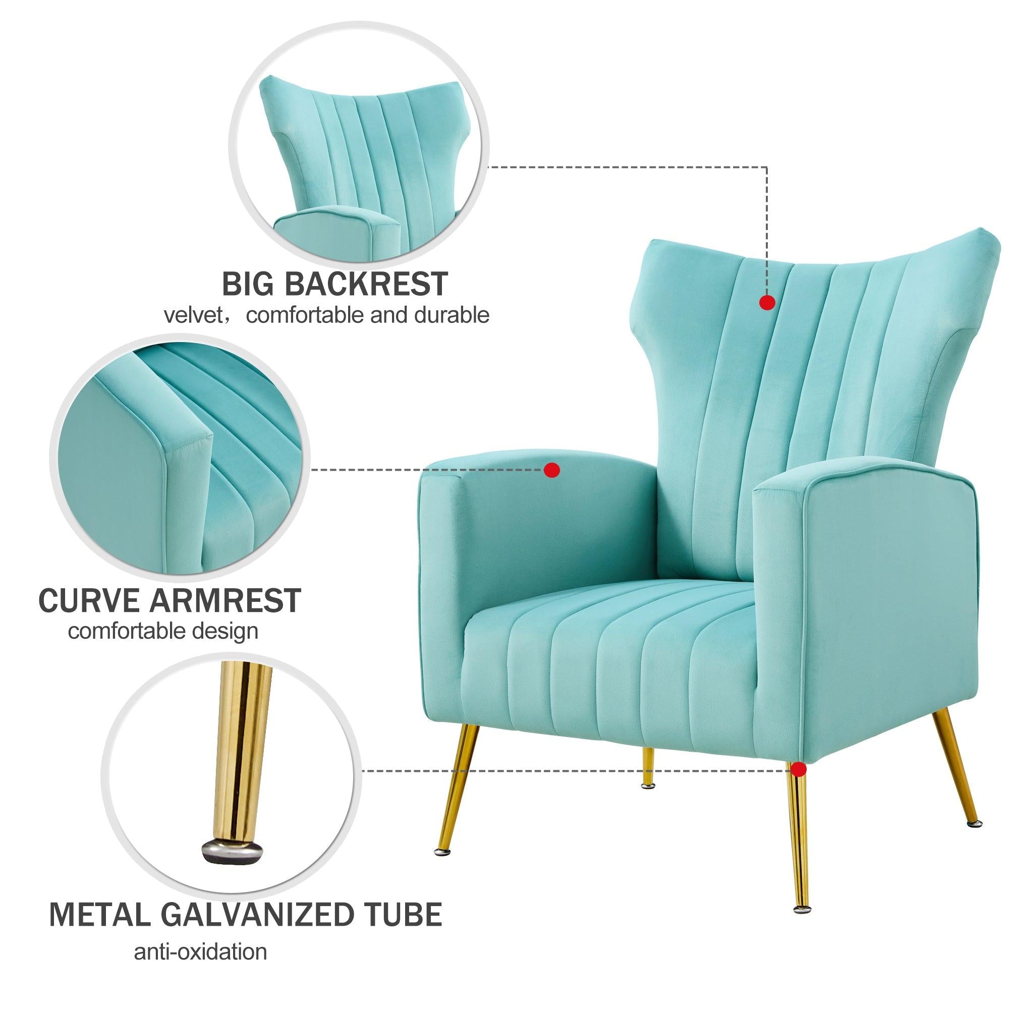 Modern Velvet Accent Chair with Arms, Wingback Reading Chair with Gold Metal Legs, Comfy Upholstered Single Leisure Sofa for Living Room Bedroom Club(Velvet+Blue)