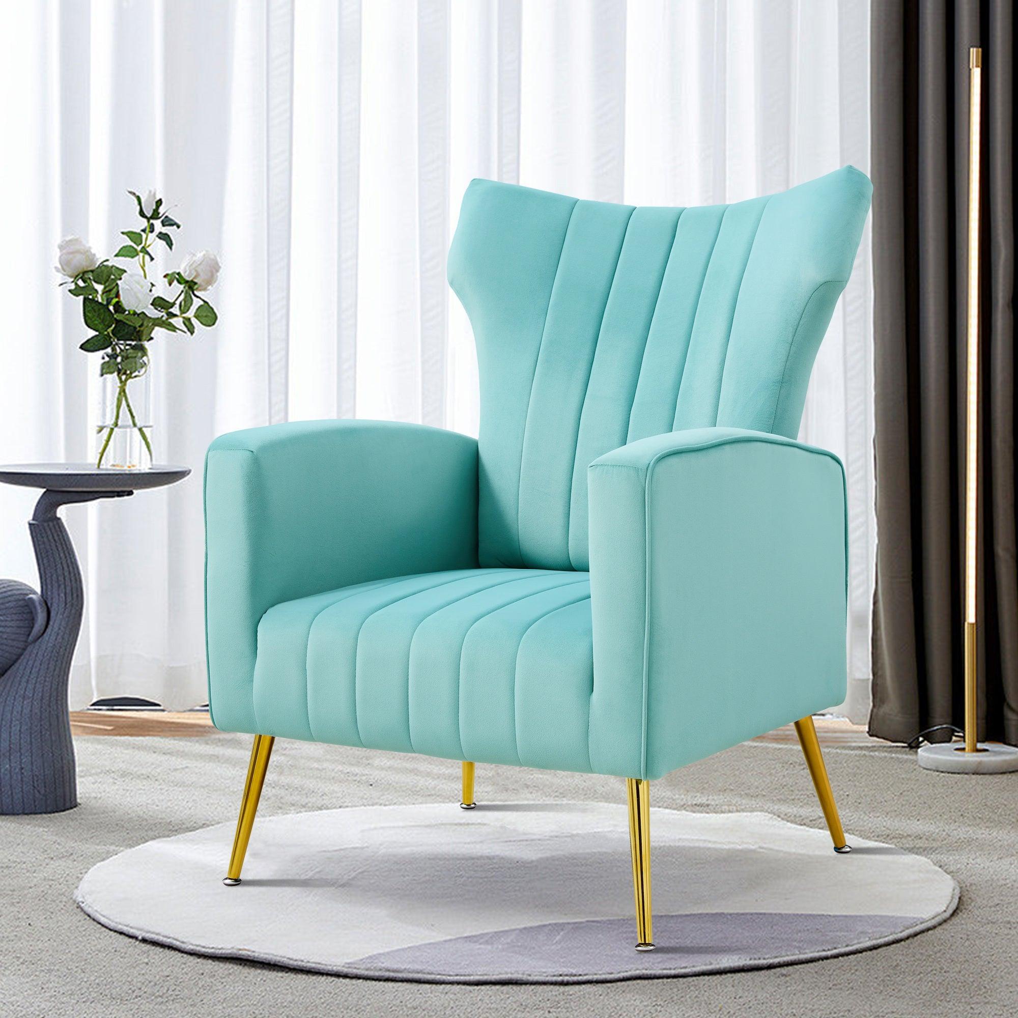 Modern Velvet Accent Chair with Arms, Wingback Reading Chair with Gold Metal Legs, Comfy Upholstered Single Leisure Sofa for Living Room Bedroom Club(Velvet+Blue) image