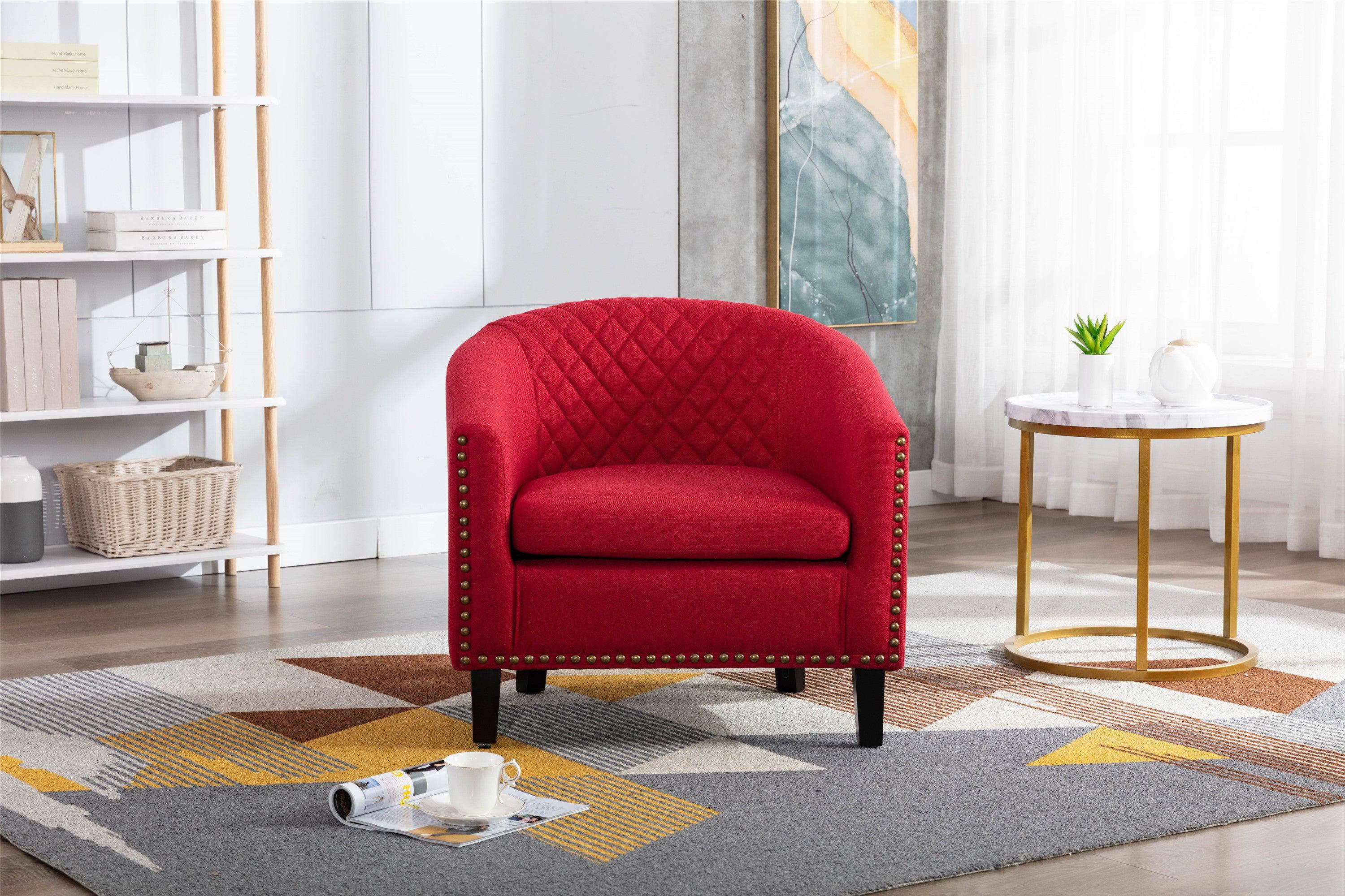 accent Barrel chair living room chair with nailheads and solid wood legs  Red  Linen