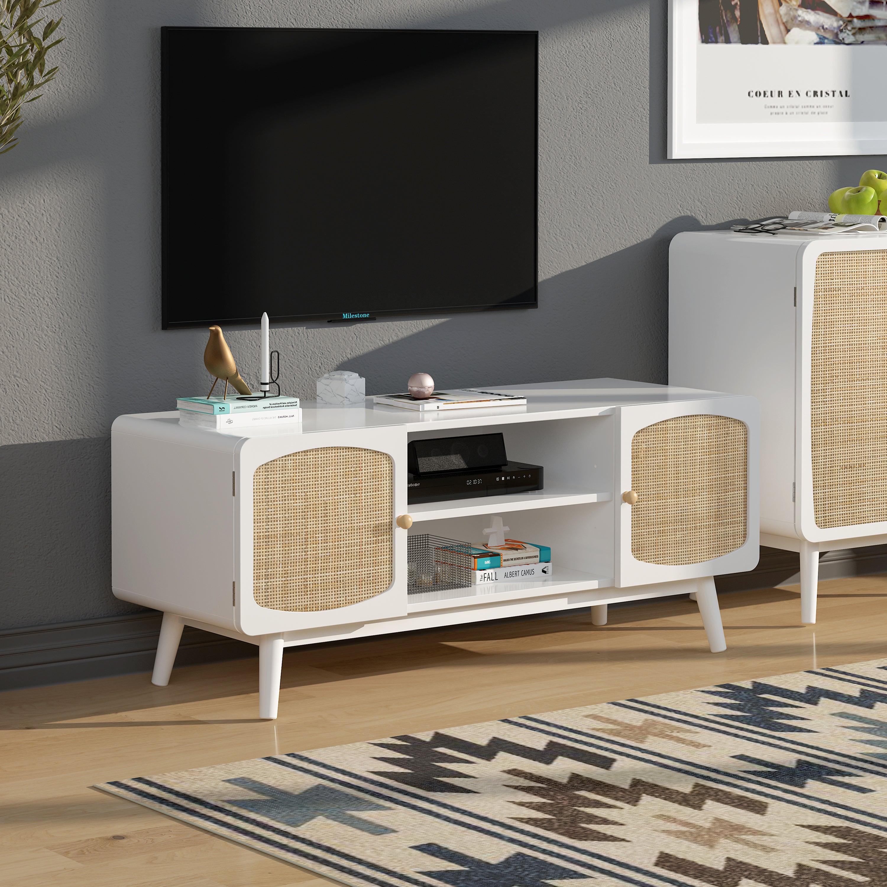 White TV Console with Rattan Door, Boho TV Stand for Bedroom, Living Room