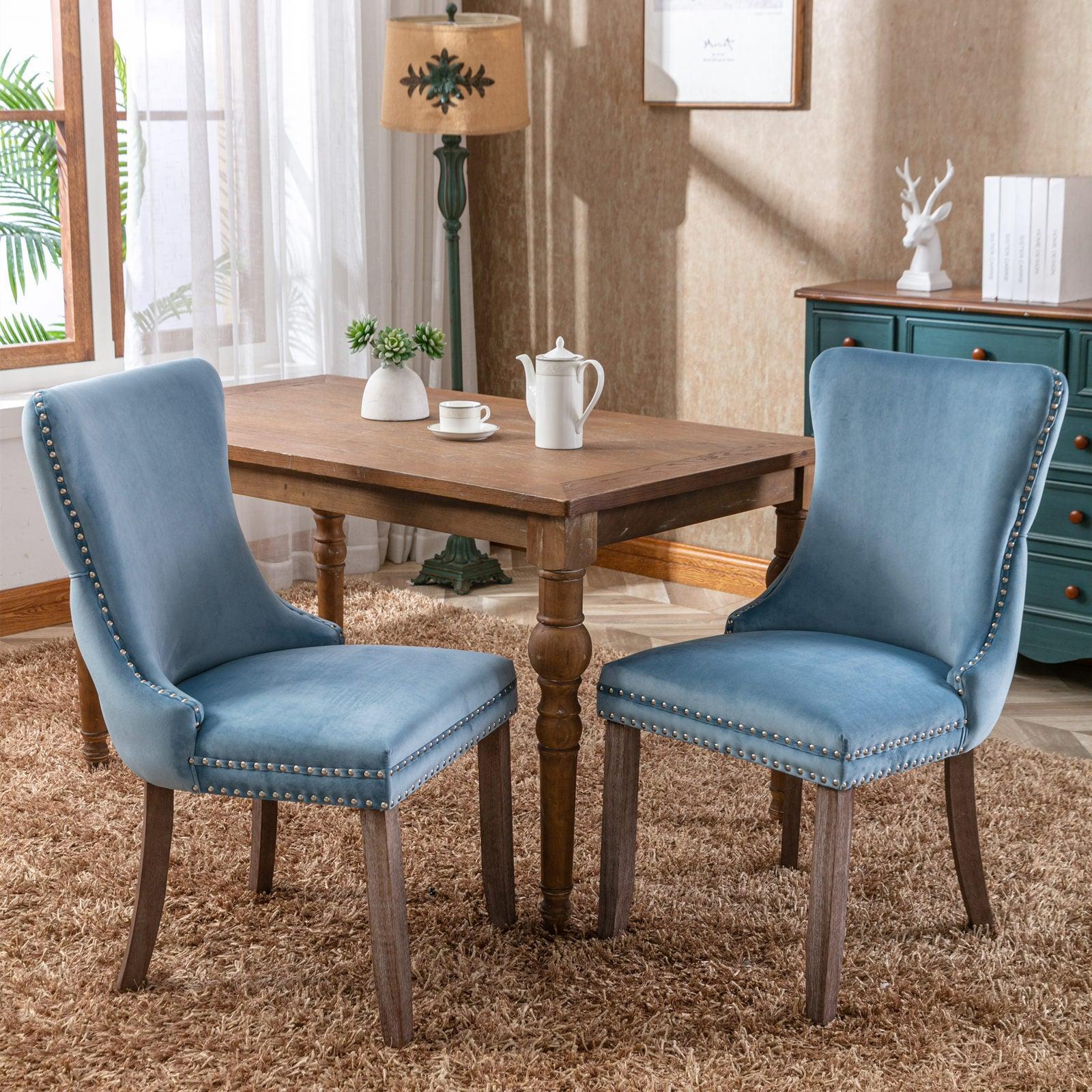 Cream Upholstered Wing-Back Dining Chair with Backstitching Nailhead Trim and Solid Wood Legs,Set of 2, Light Blue