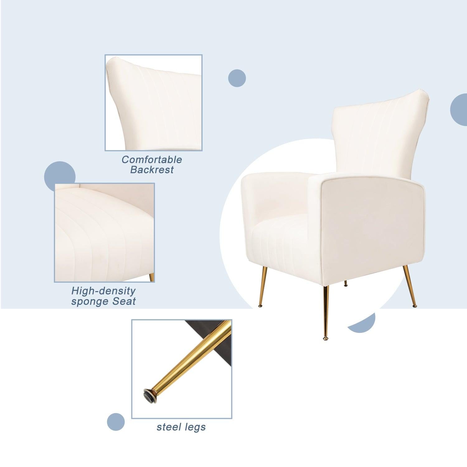 Velvet Accent Chair, Wingback Arm Chair with Gold Legs, Upholstered Single Sofa for Living Room Bedroom, White