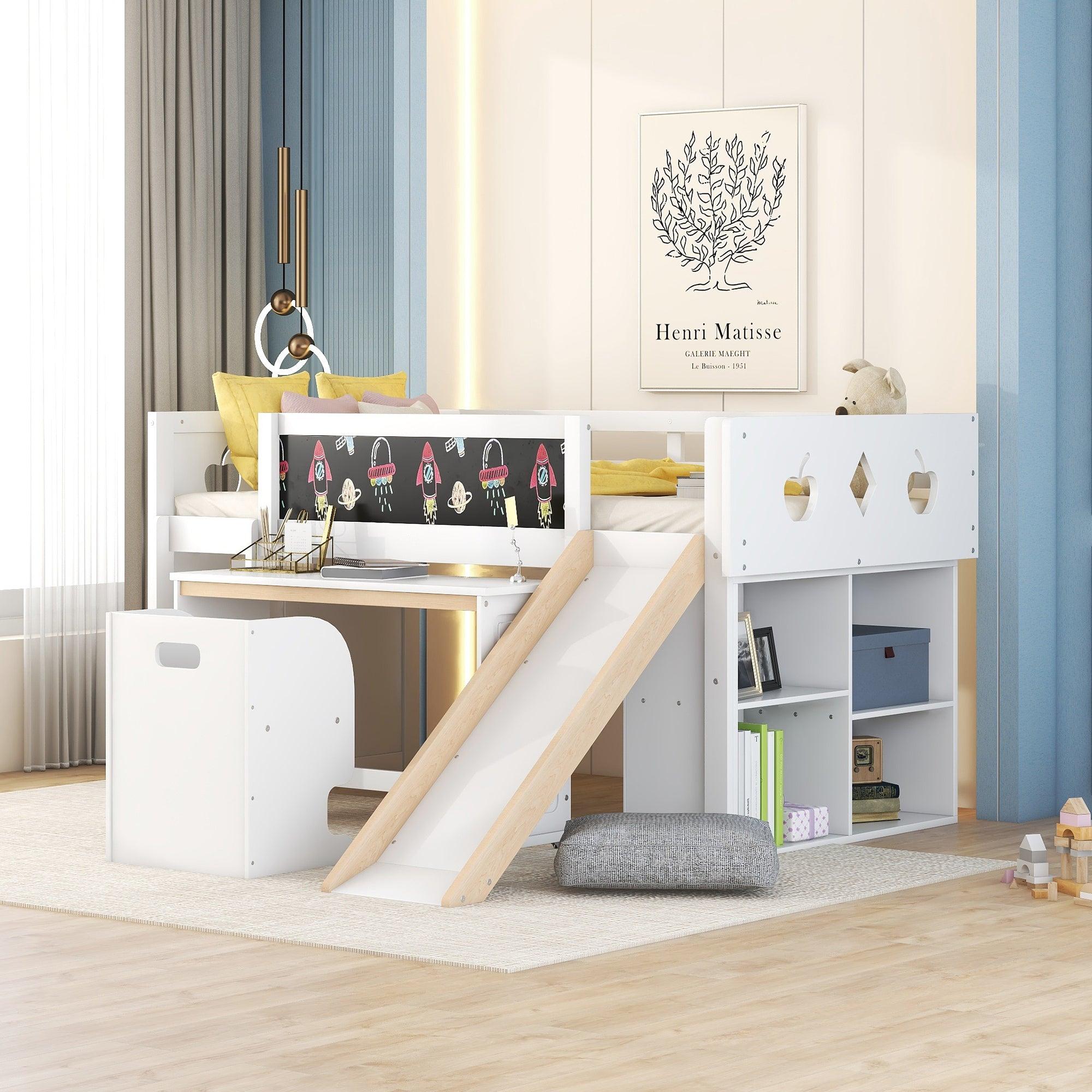 Wood Twin Size Loft Bed with Slide, Cabinets, Blackboard, Desk and Chair, White