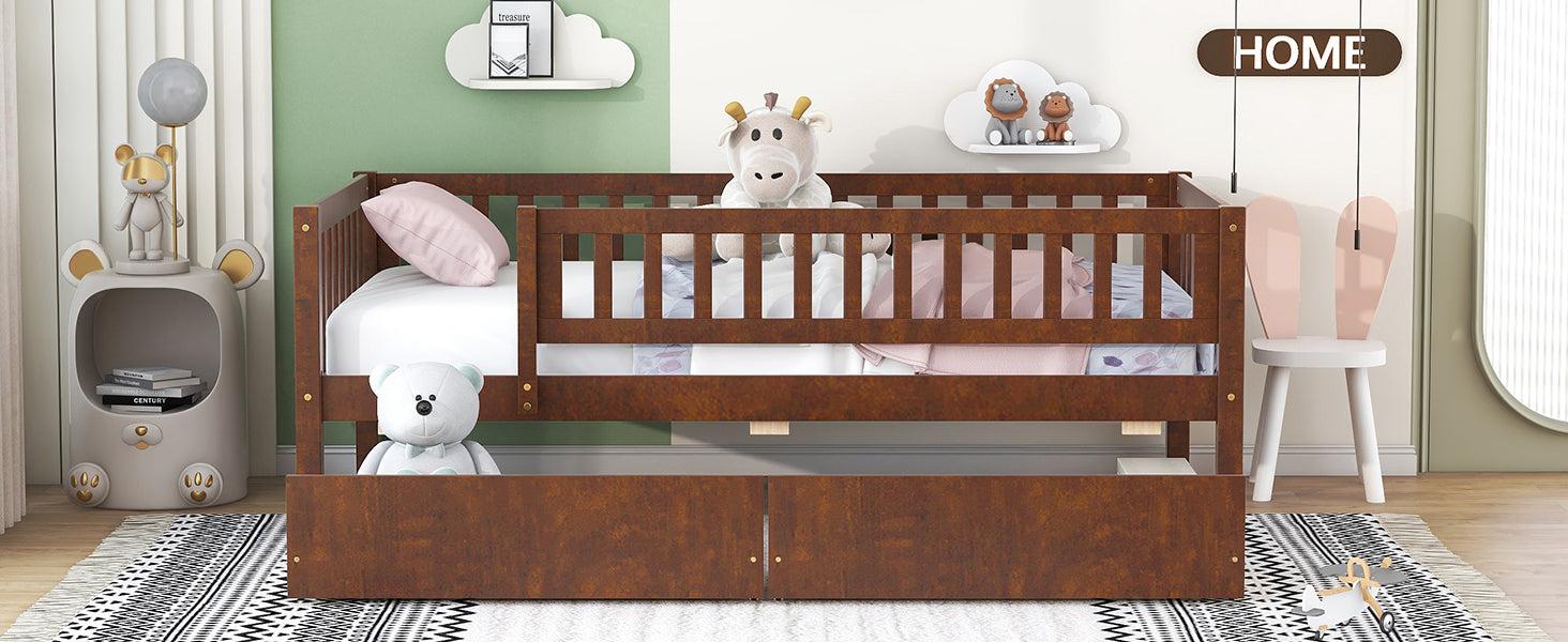 Twin Size Daybed Wood Bed with Two Drawers, Walnut