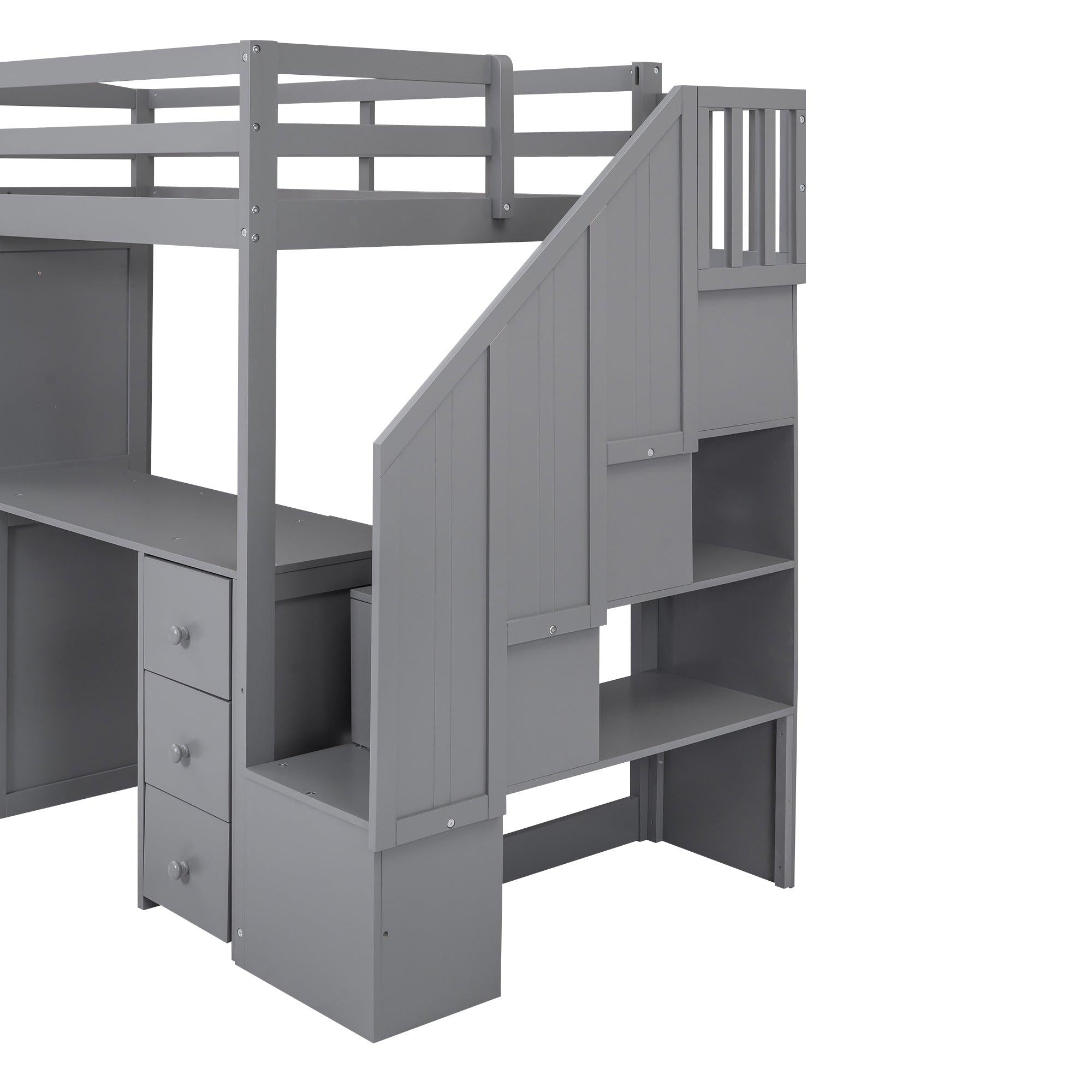 Twin Size Loft Bed with Wardrobe and Staircase, Desk andStorage Drawers and Cabinet in 1,Gray