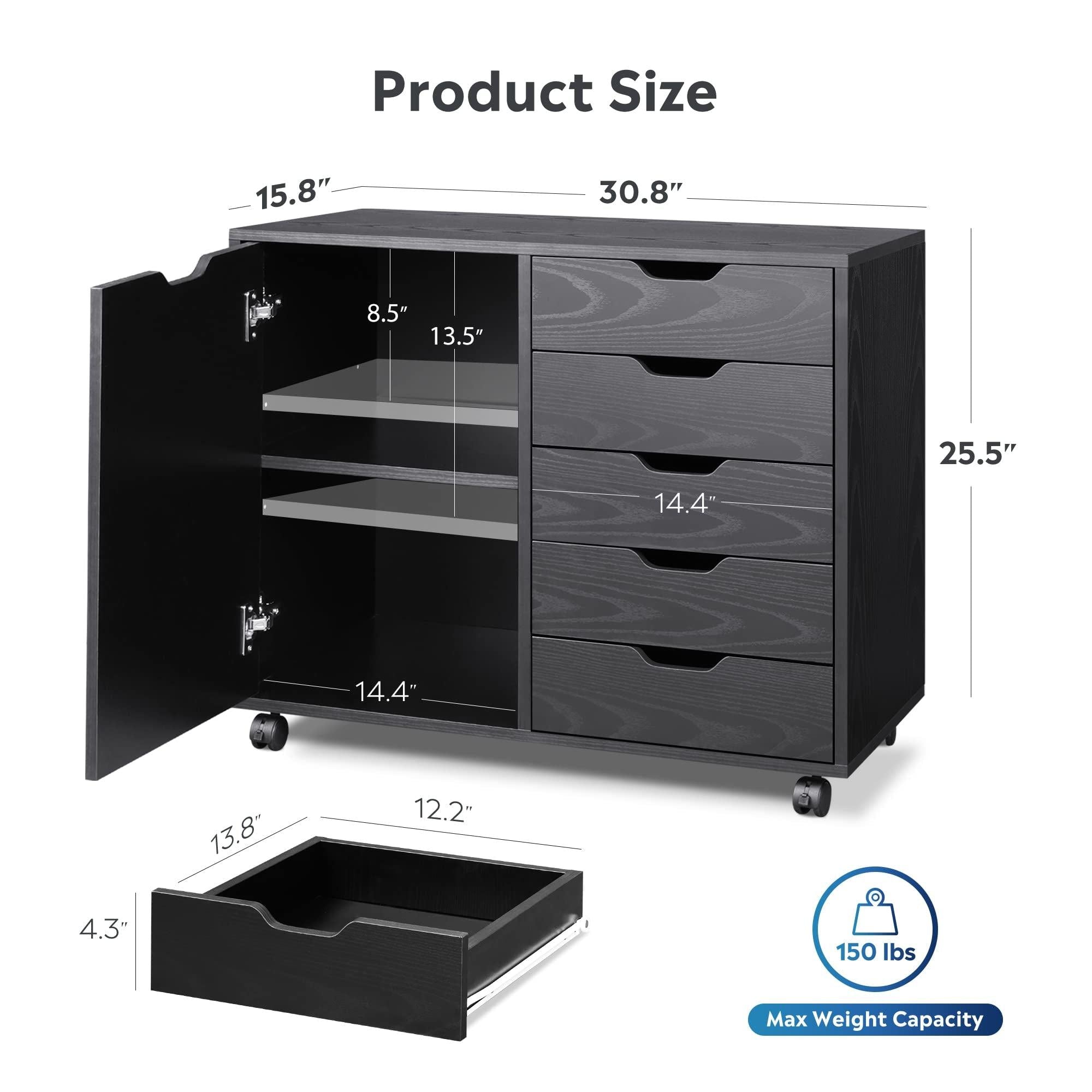 5-Drawer Wood Dresser Chest with Door, MobileStorage Cabinet, Printer Stand for Home Office