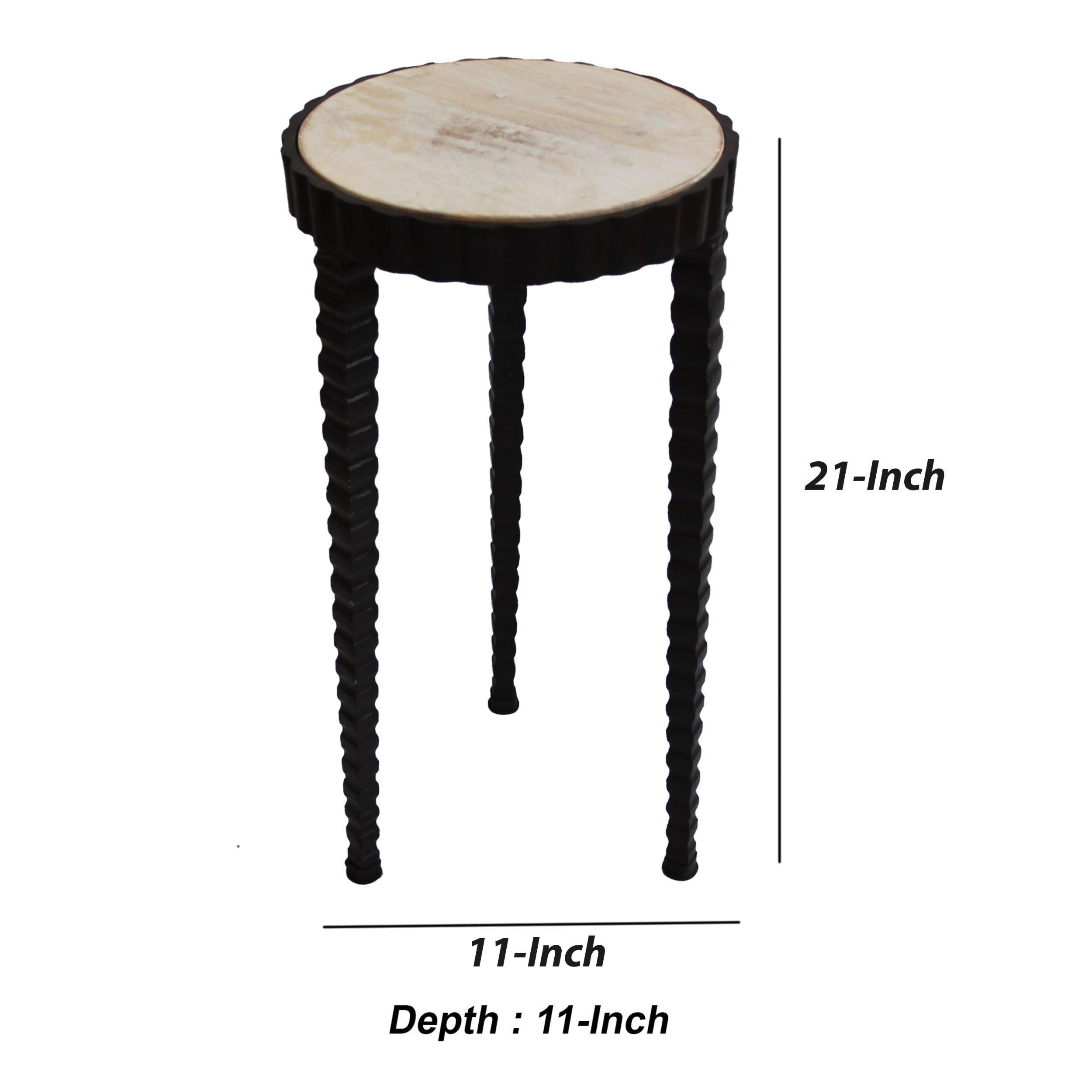 22 Inch Round Wooden Side Table with Tapered Tripod Base, Brown and Black