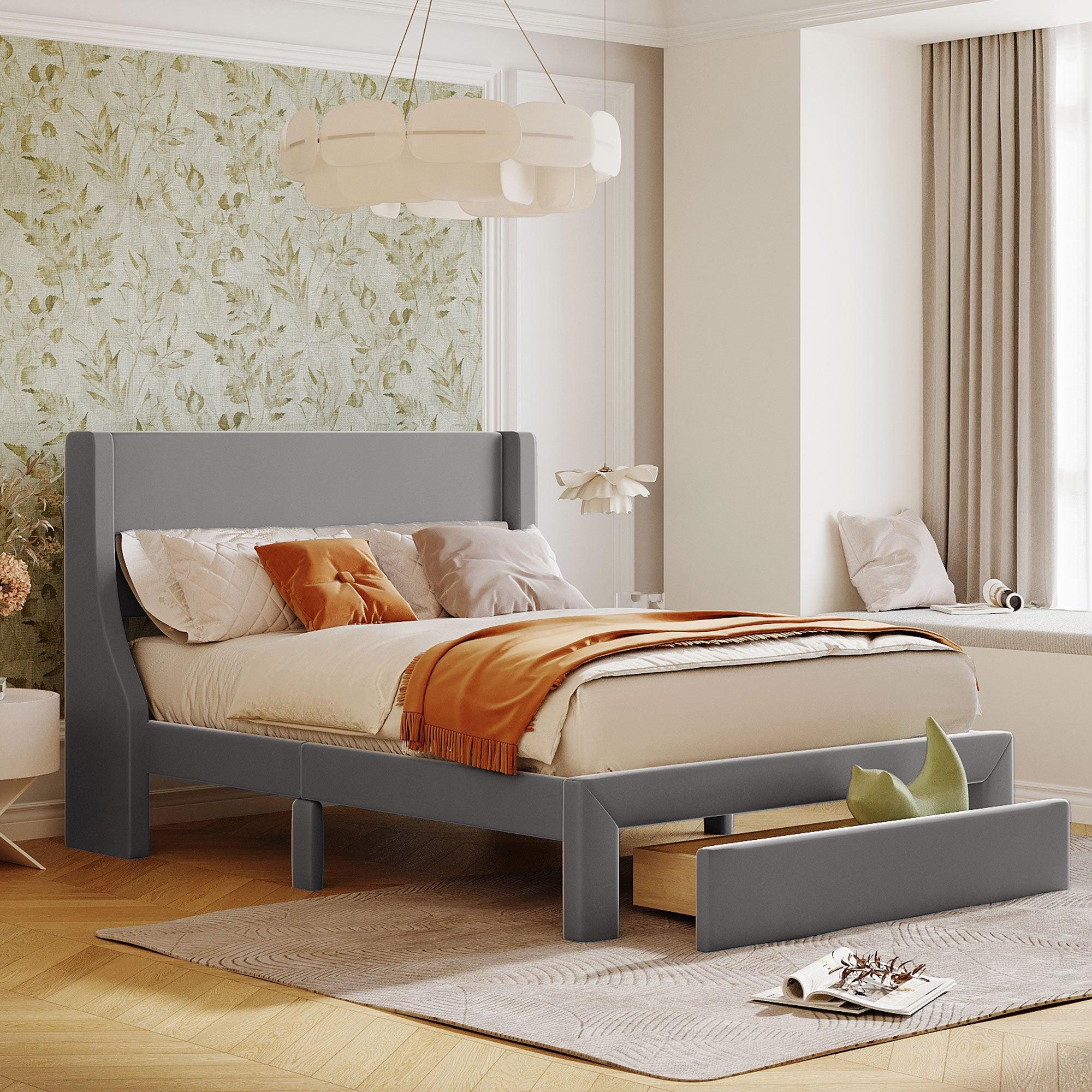 Full SizeStorage Bed Velvet Upholstered Platform Bed with a Big Drawer - Gray image