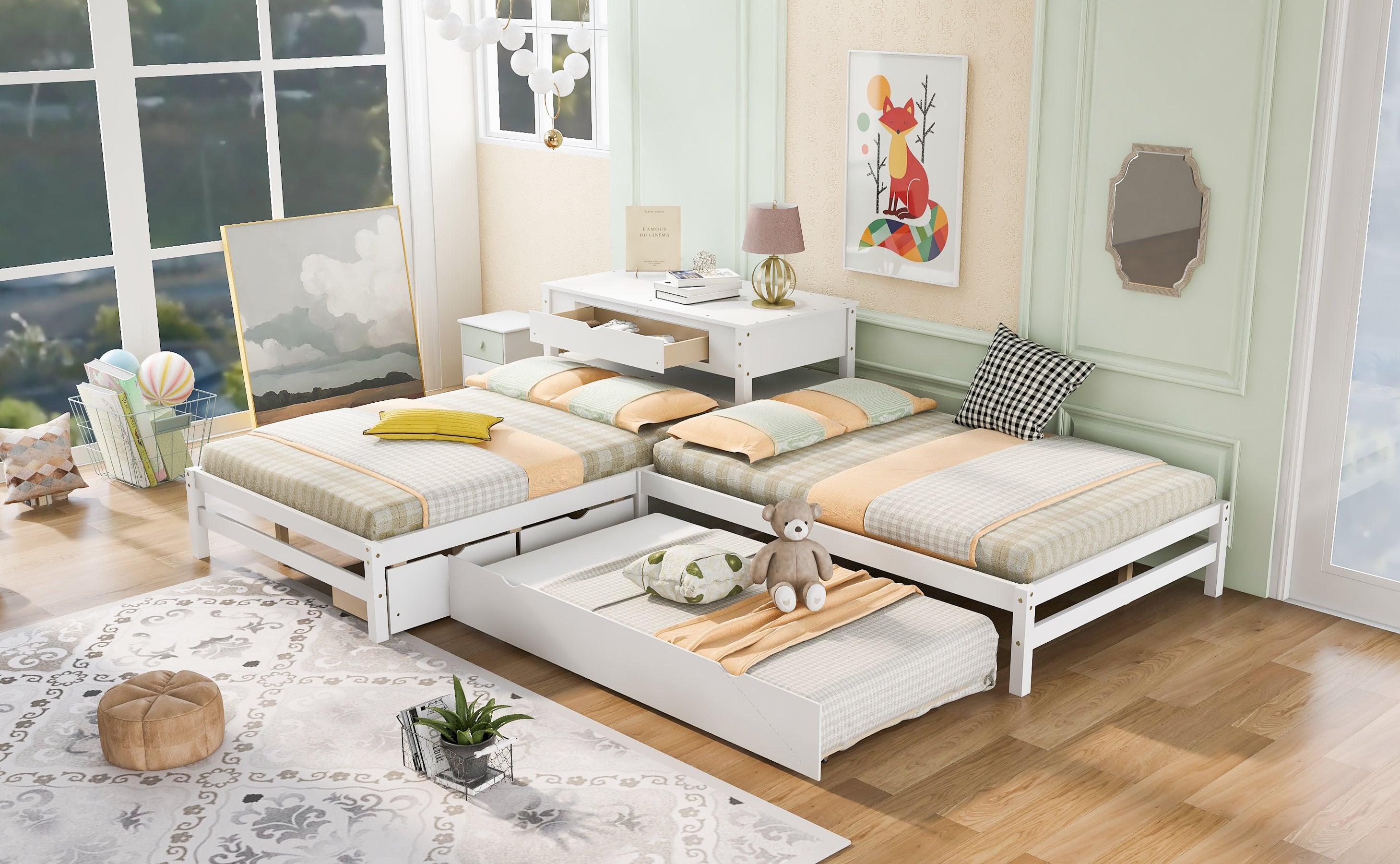 Full Size L-shaped Platform Beds with Twin Size Trundle and Drawers Linked with Built-in Rectangle Table,White