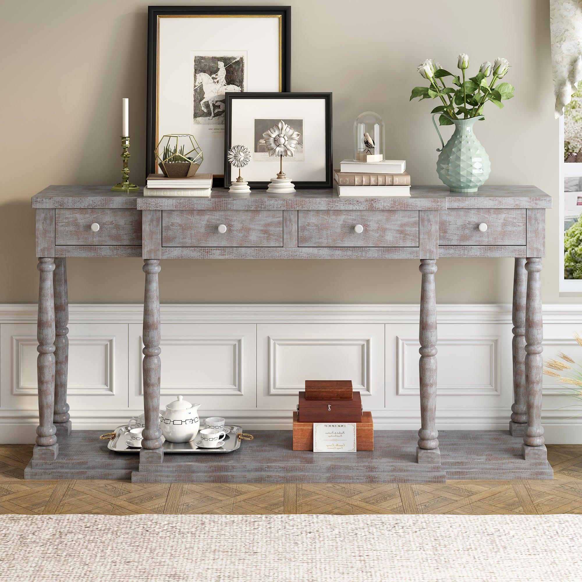 Retro Senior Console Table for Hallway Living Room Bedroom with 4 Front FacingStorage Drawers and 1 Shelf