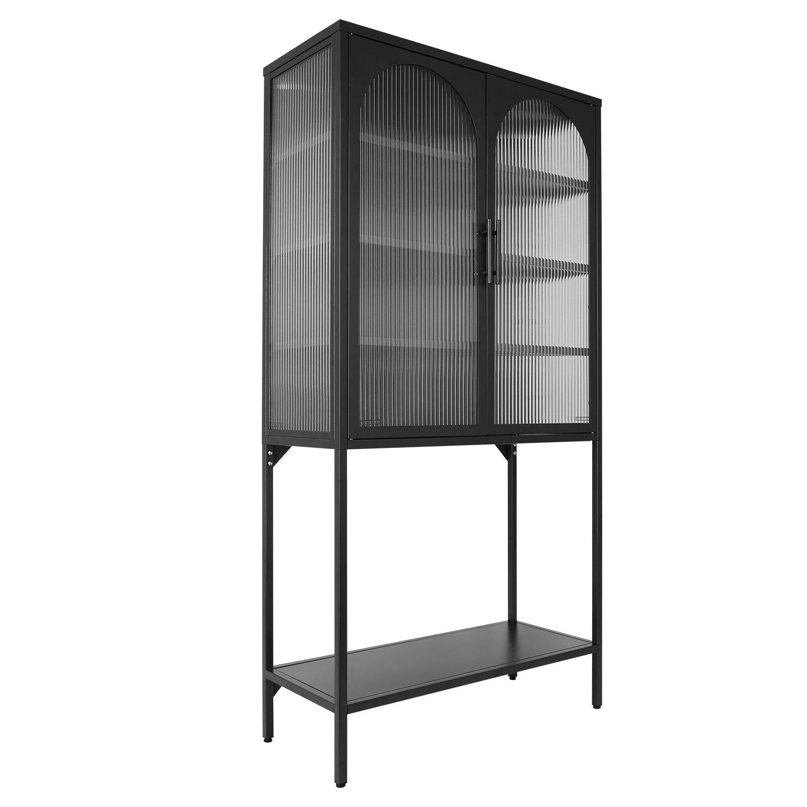 Stylish Tempered Glass TallStorage Cabinet with 2 Arched Doors Adjustable Shelves and open bottom shelf ,Feet Anti-Tip Dust-free Fluted Glass Kitchen Credenza Black Color