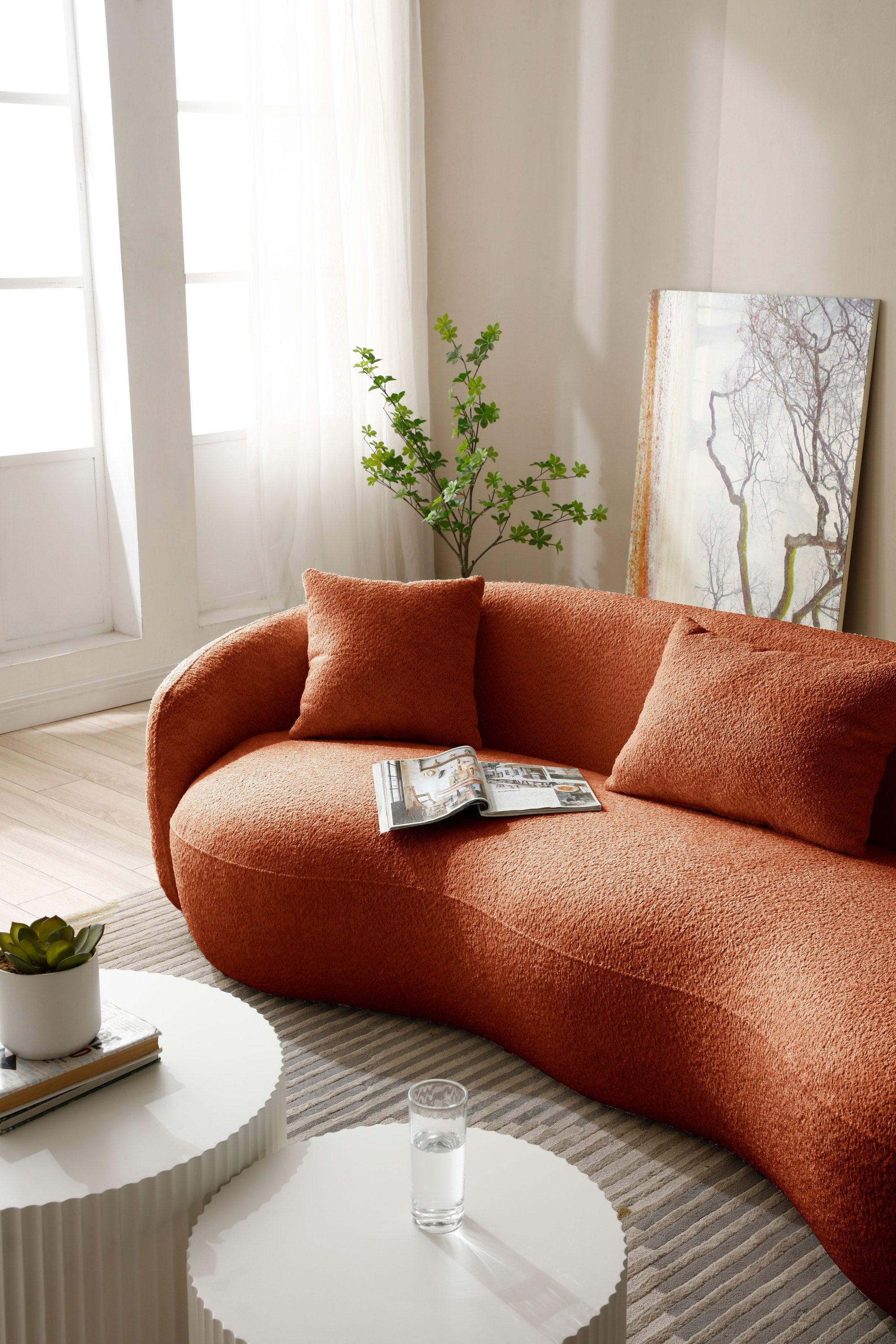 Mid CenturyModern Curved Sofa,  Boucle Fabric Couch for Bedroom, Office, Apartment, Orange