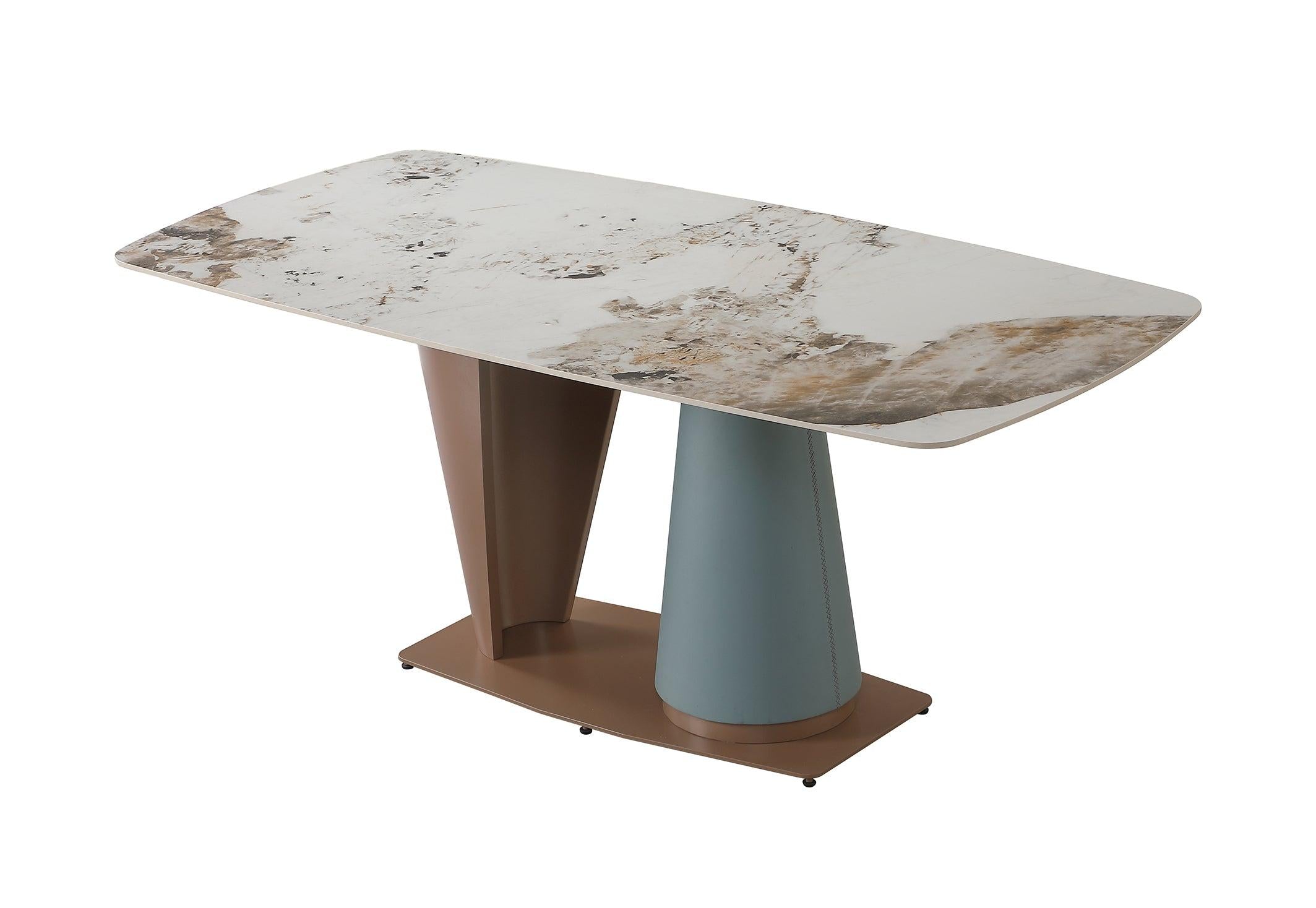 71"  Pandora color sintered stone dining table with cone shape  Pedestal Base in champagne and blue color