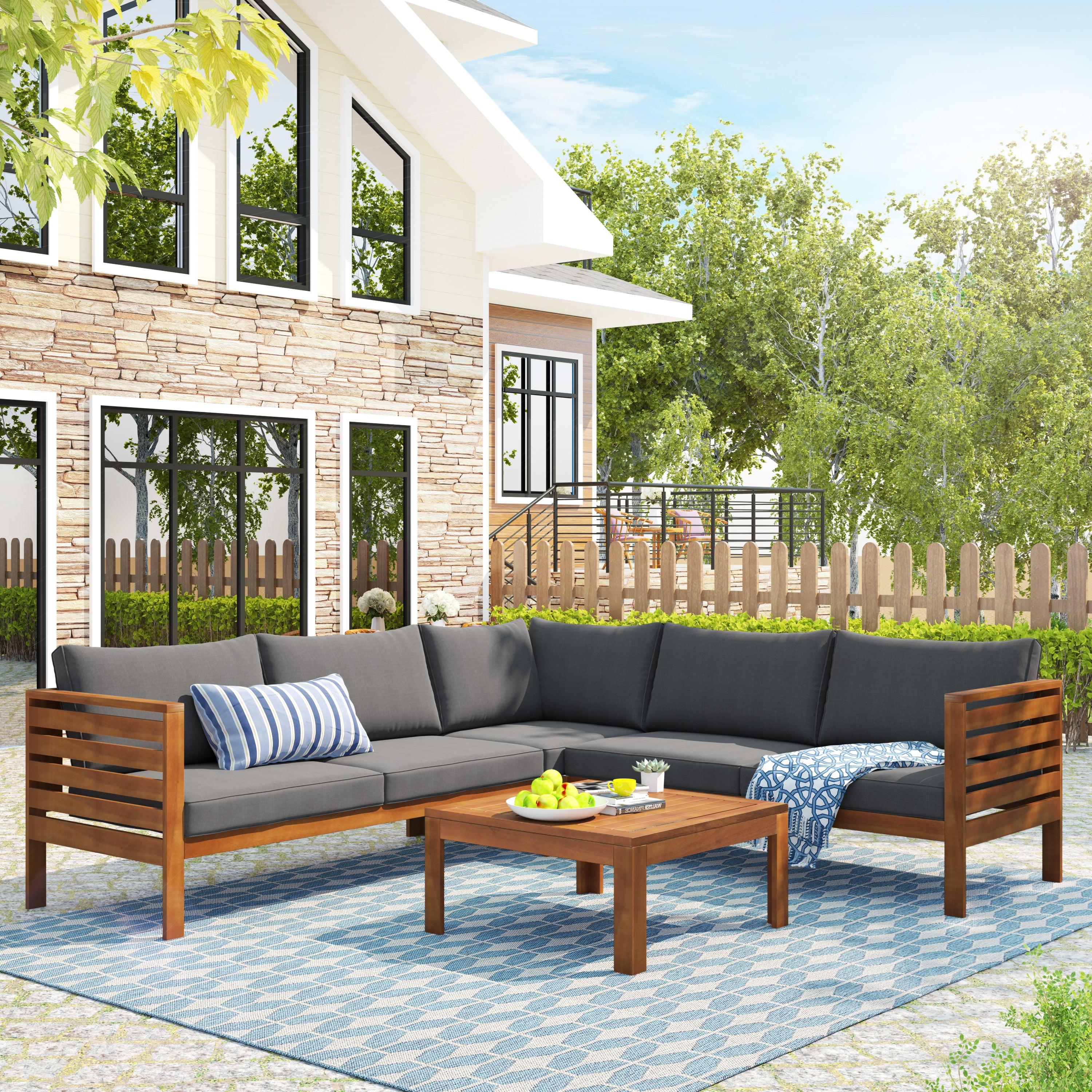 Wood Structure Outdoor Sofa Set with gray Cushions Exotic design Water-resistant and UV Protected texture Two-person Sofa One Corner Sofa plus One Coffee Table Strong Metal Accessories image