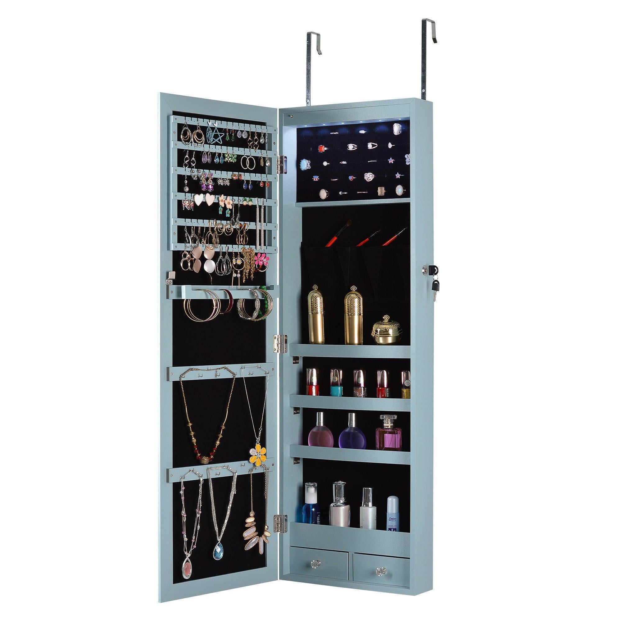 Fashion Simple JewelryStorage Mirror Cabinet With LED Lights Can Be Hung On The Door Or Wall