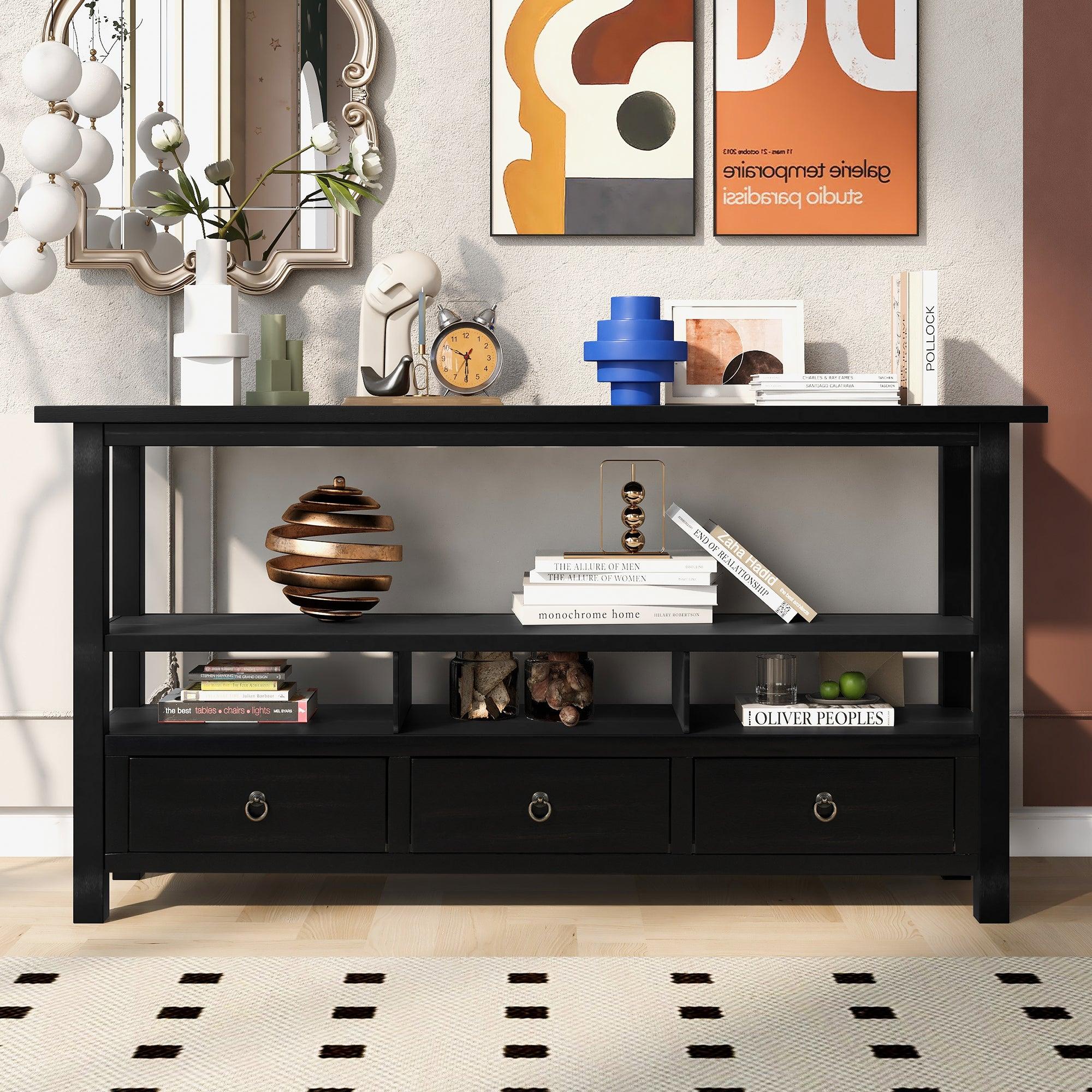 Rustic Solid Console Table Double-Storey Tabletop with Three Drawers  for Living Room (Distressed Black)