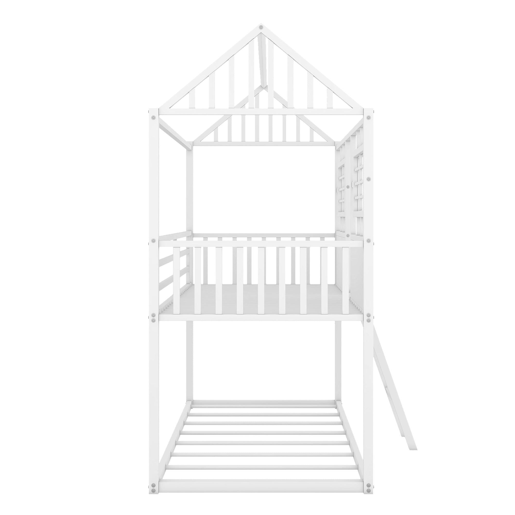 Twin over Twin Size Metal Low Bunk Beds with Roof and Fence-shaped Guardrail, White