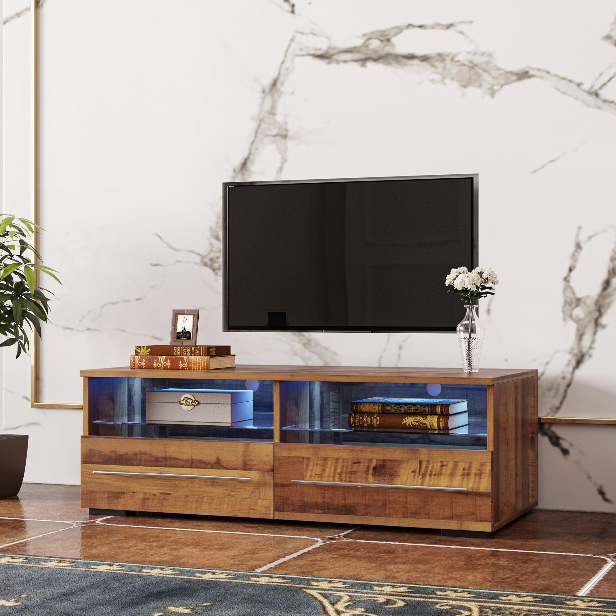 The Wood grain color TV cabinet has two drawers with color-changing light strips