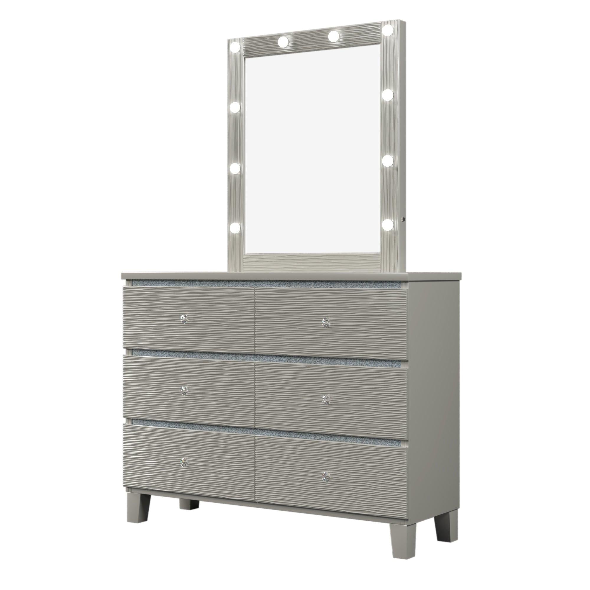 Champagne Silver Rubber Wood Dresser & Mirror with 6 Drawers Metal Slides Crystal Handle LED Lights Mirror