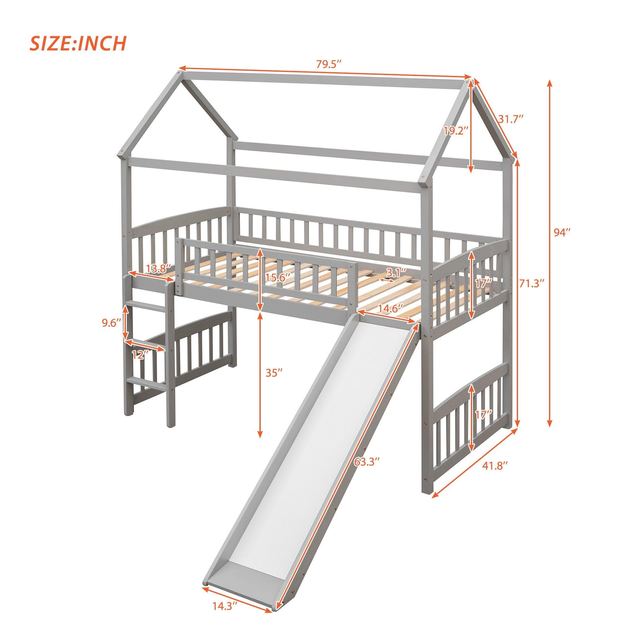 Twin Loft Bed with Slide, House Bed with Slide,White