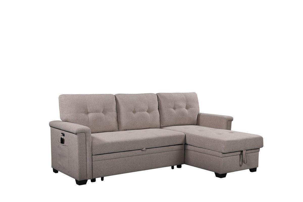 Ashlyn Light Gray Reversible Sleeper Sectional Sofa withStorage Chaise, USB Charging Ports and Pocket