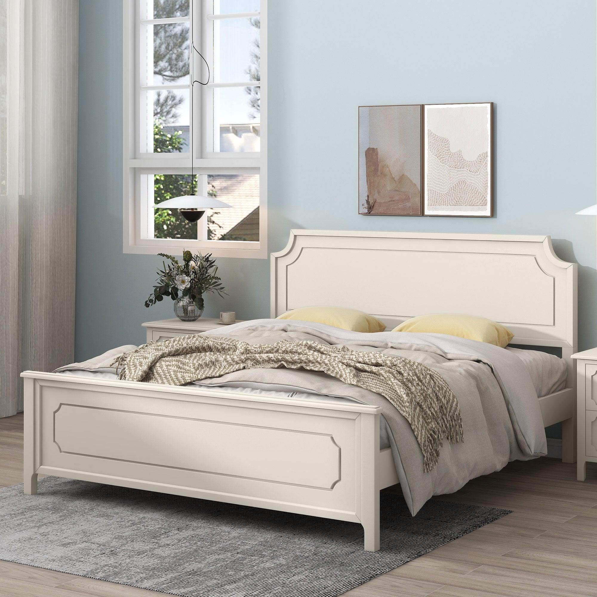 3 Pieces Bedroom Sets Milky White Solid Rubber Wood King Size Platform Bed with Nightstand and Dresser