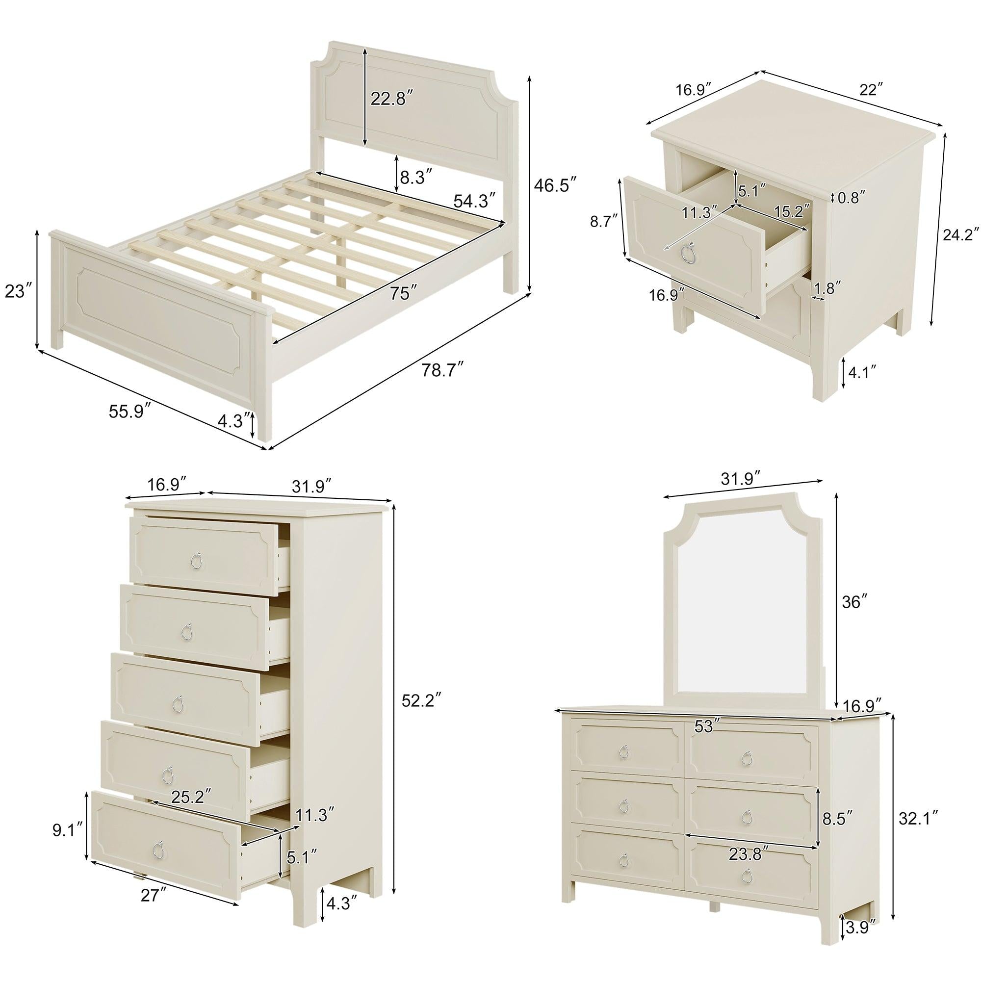 6 Pieces Bedroom Sets Milky White Solid Rubber Wood Full Size Platform Bed with Nightstand*2, Chest, Mirror and Dresser