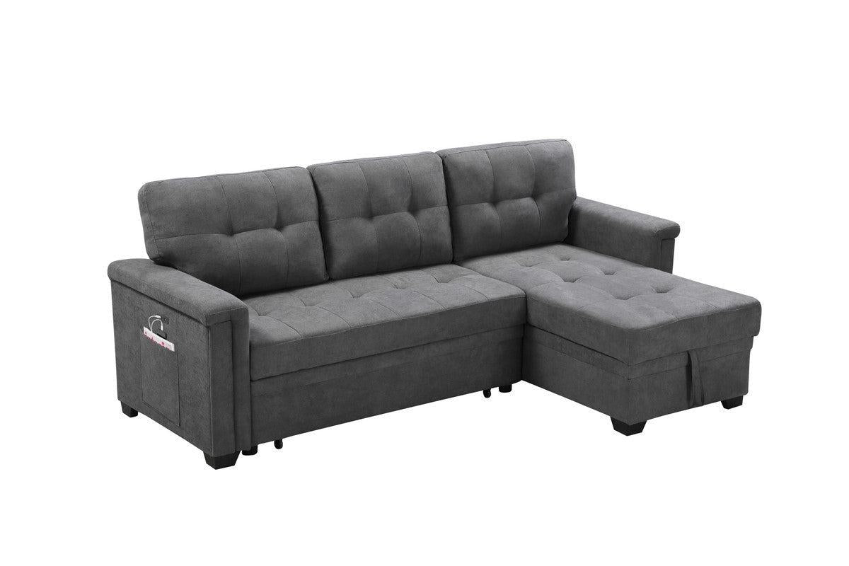 Kinsley Gray Woven Fabric Sleeper Sectional Sofa Chaise with USB Charger and Tablet Pocket