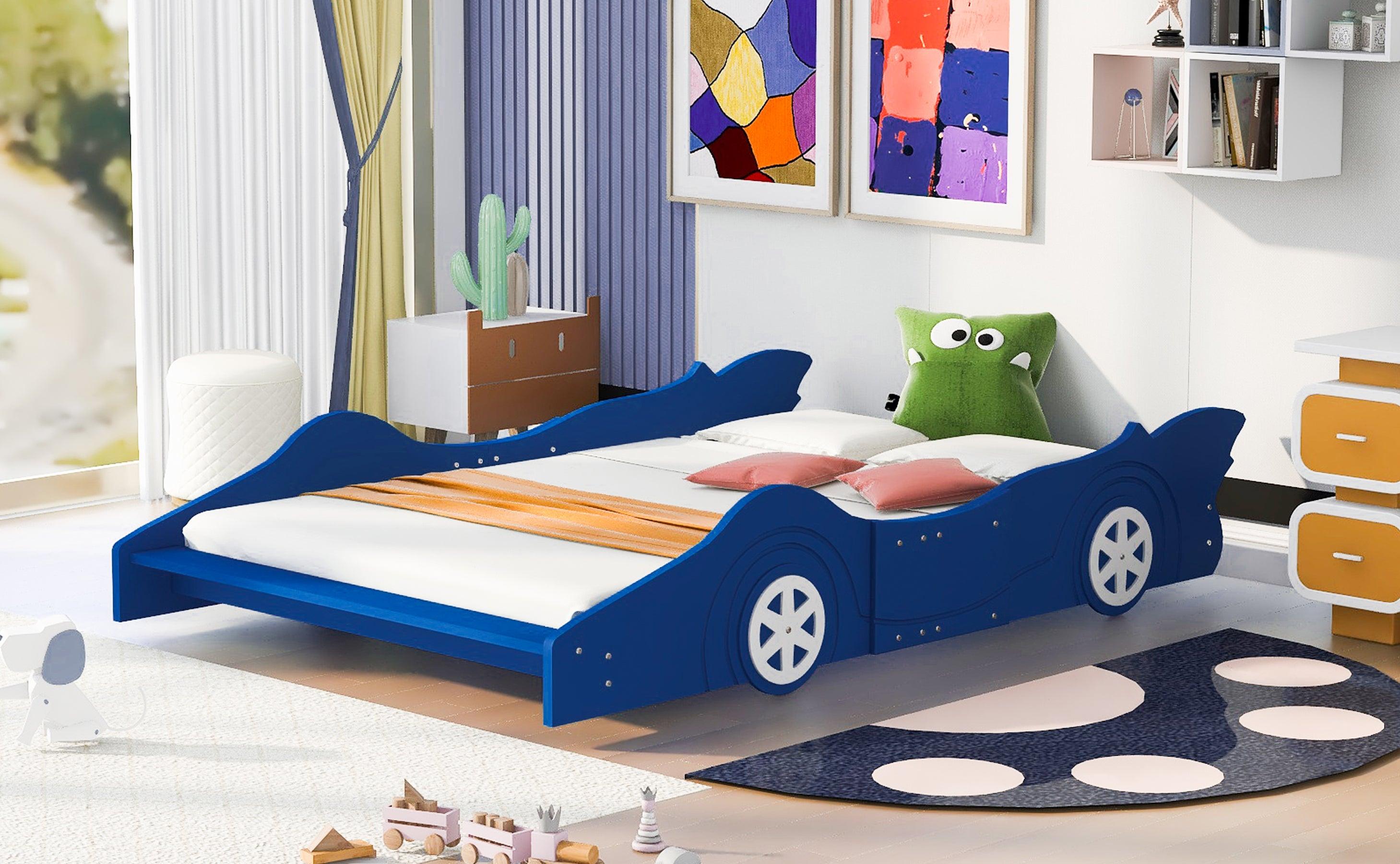 Full Size Race Car-Shaped Platform Bed with Wheels,Blue