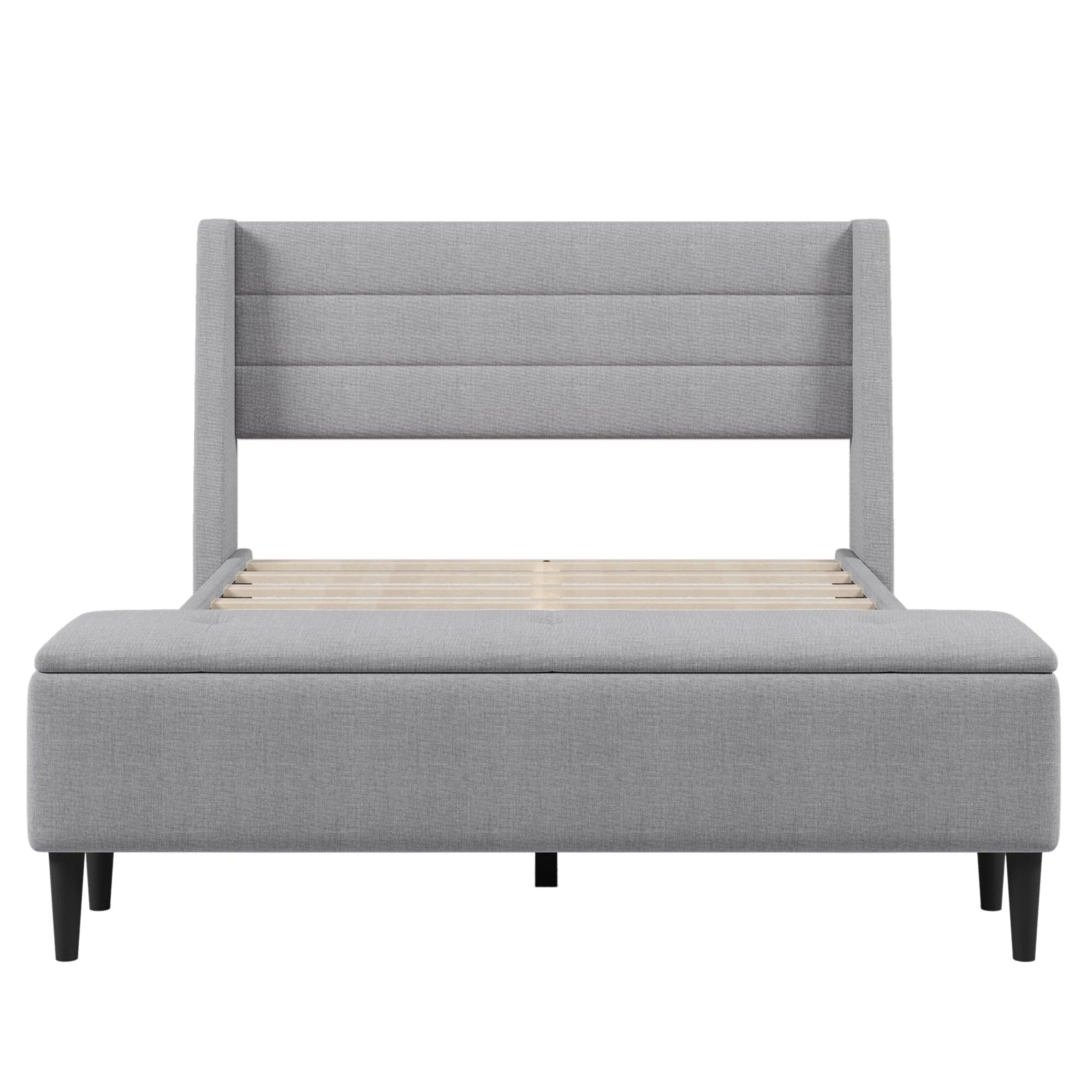 3 Pieces Gray Queen UpholsteredStorage Bed Frame withStorage Ottoman Bench and Two Nightstands