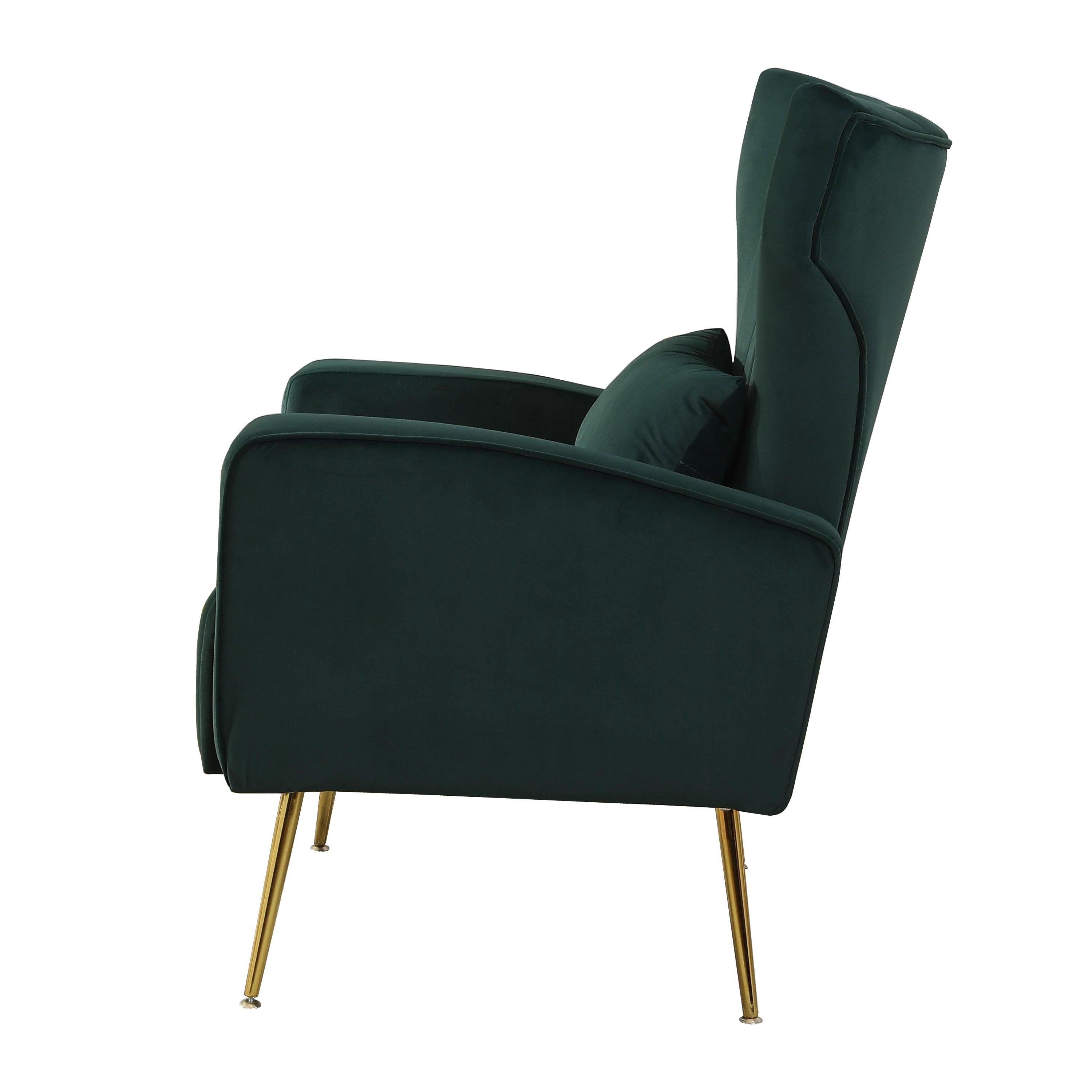 Velvet Accent Chair,Modern Living Room Armchair Comfy Upholstered Single Sofa Chair for Bedroom Dorms Reading Reception Room with Gold Legs & Small Pillow, Dark Green