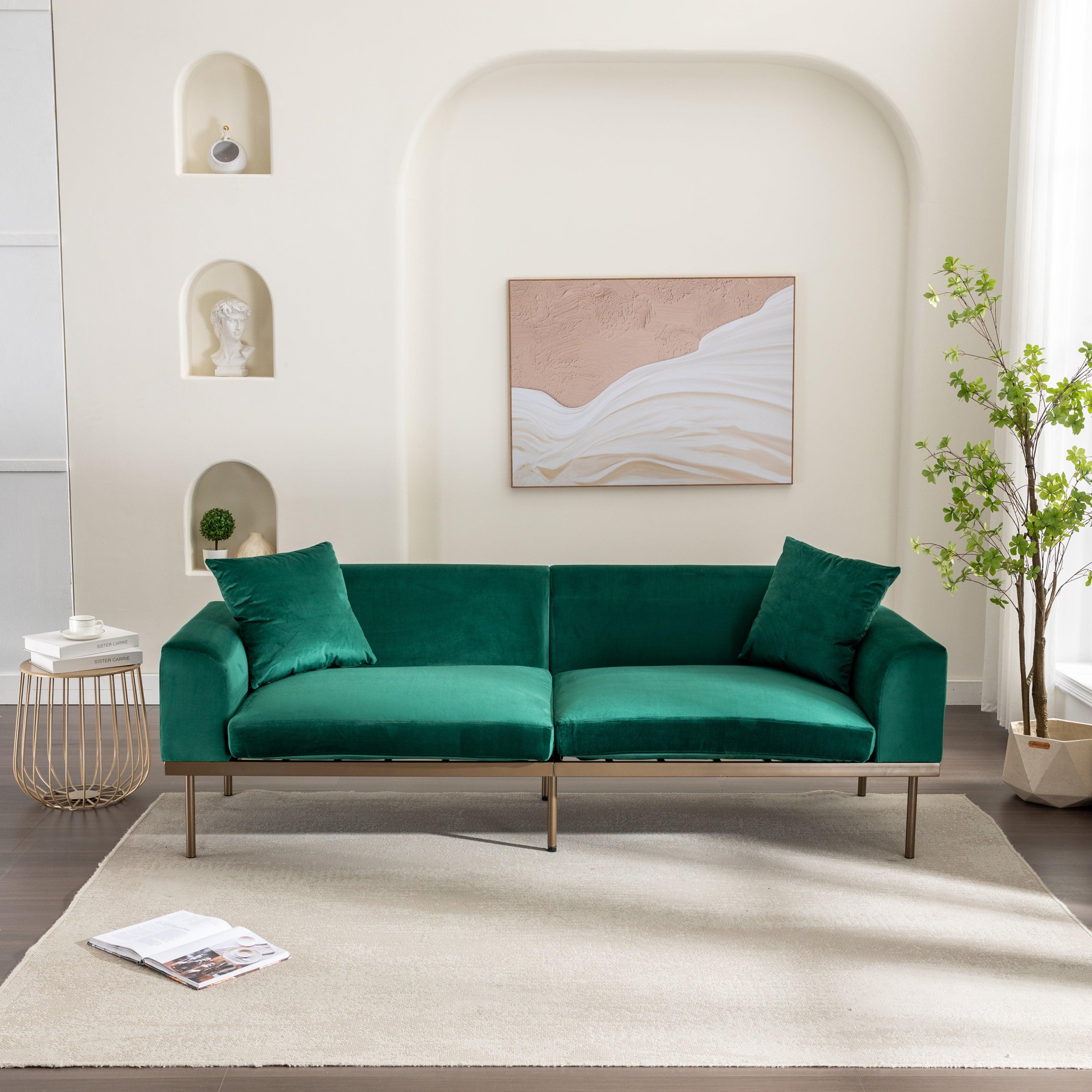 Modern Velvet Sofa with Metal Legs,Loveseat Sofa Couch with Two Pillows for Living Room and Bedroom, Green