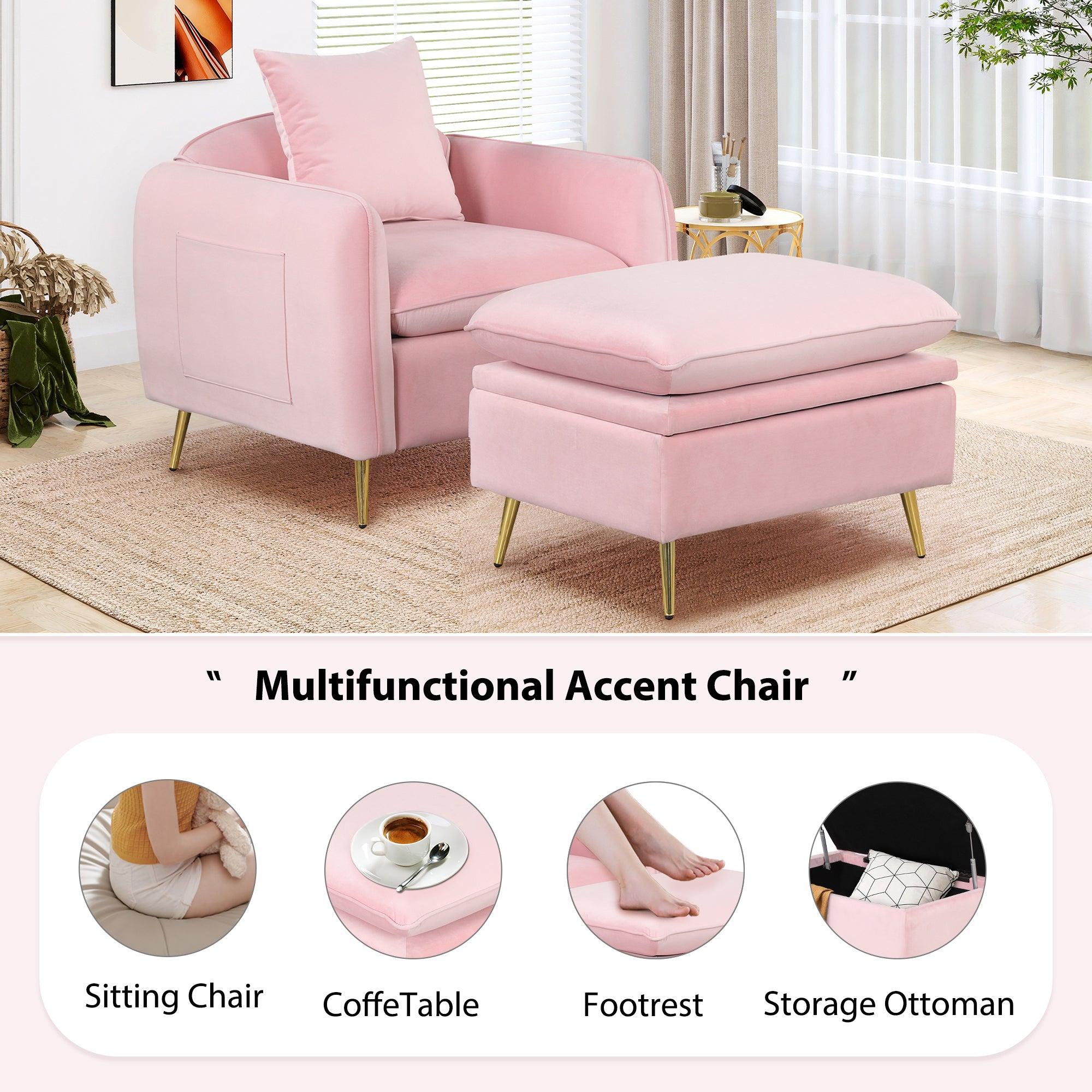 35.2"Modern Accent Chair,Single Sofa Chair with Ottoman Foot Rest and Pillow for Living Room Bedroom Small Spaces Apartment Office,Pink