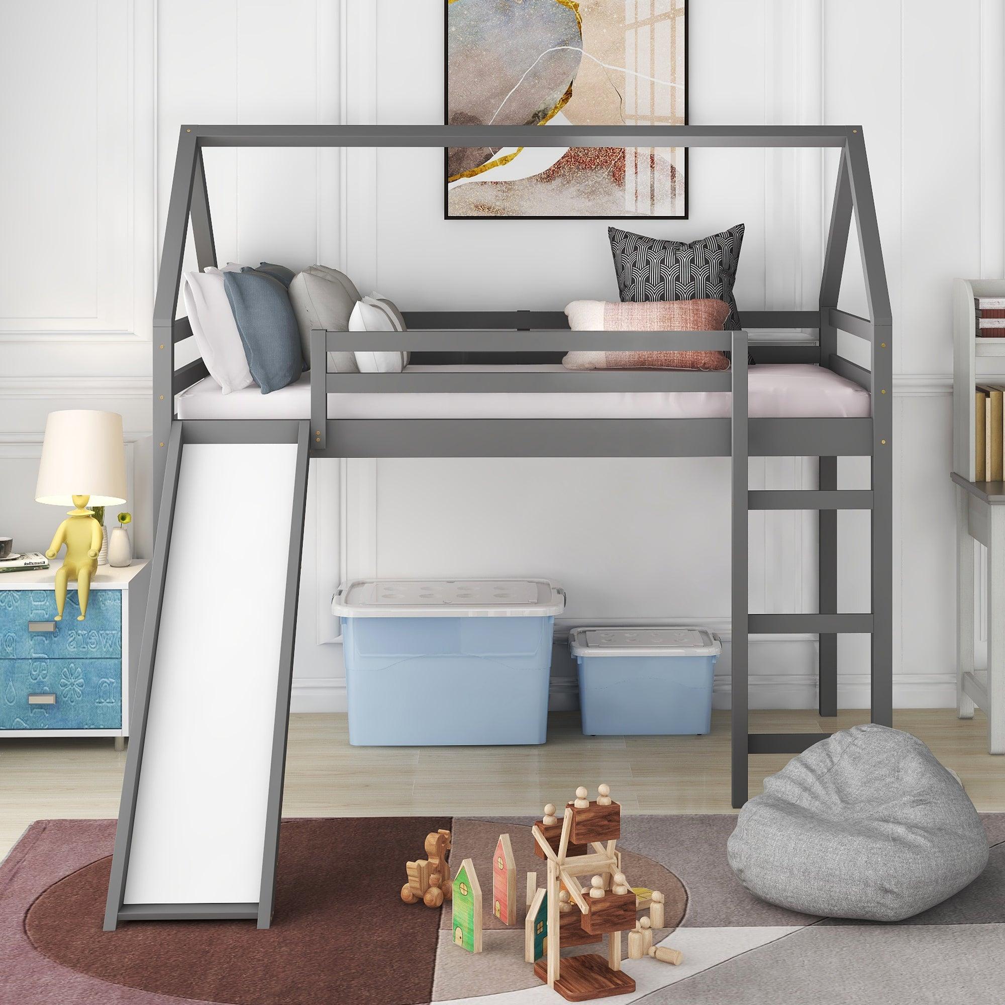 Twin Size Loft Bed with Slide, House Bed with Slide,Gray