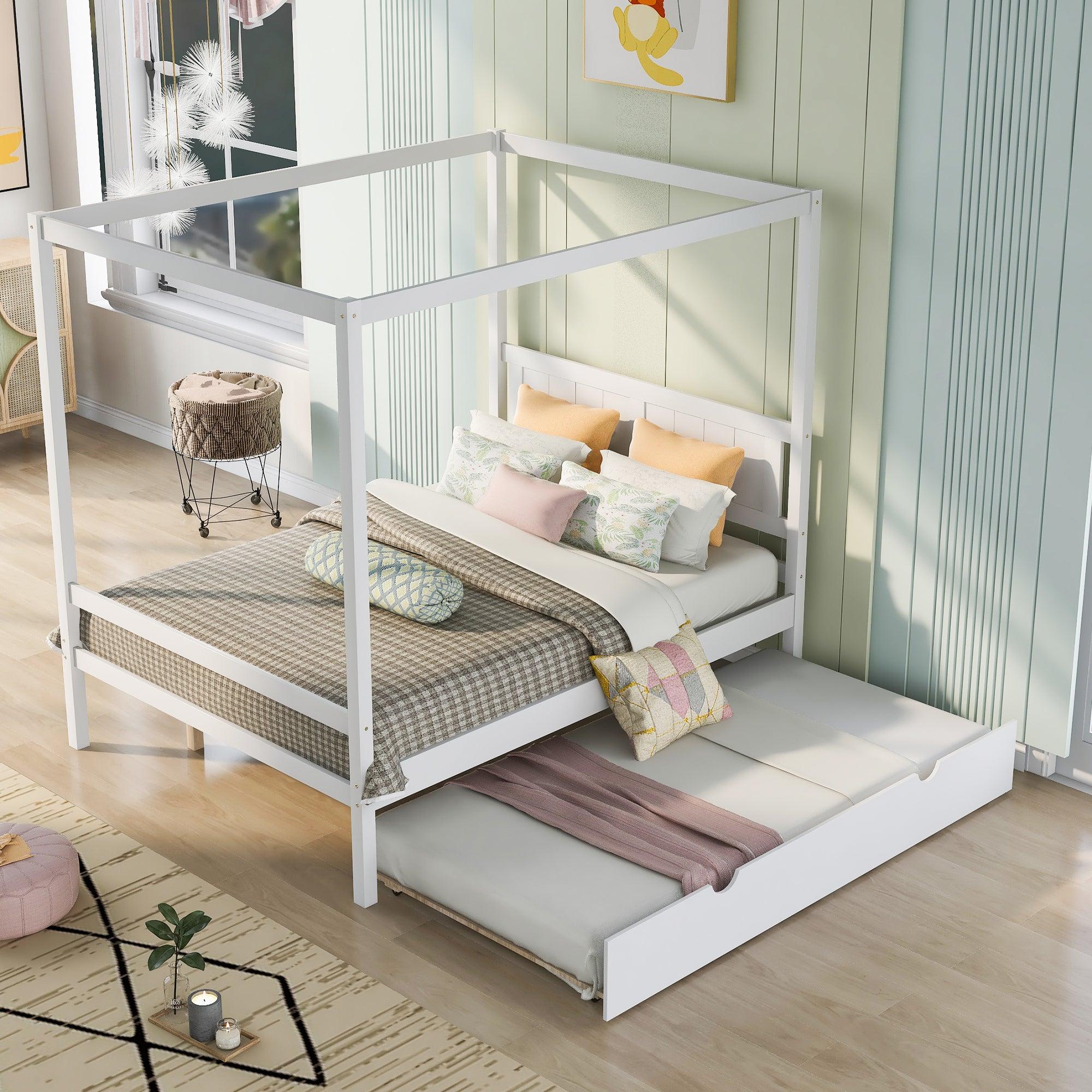 Full Size Canopy Platform Bed with Trundle,With Slat Support Leg,White image