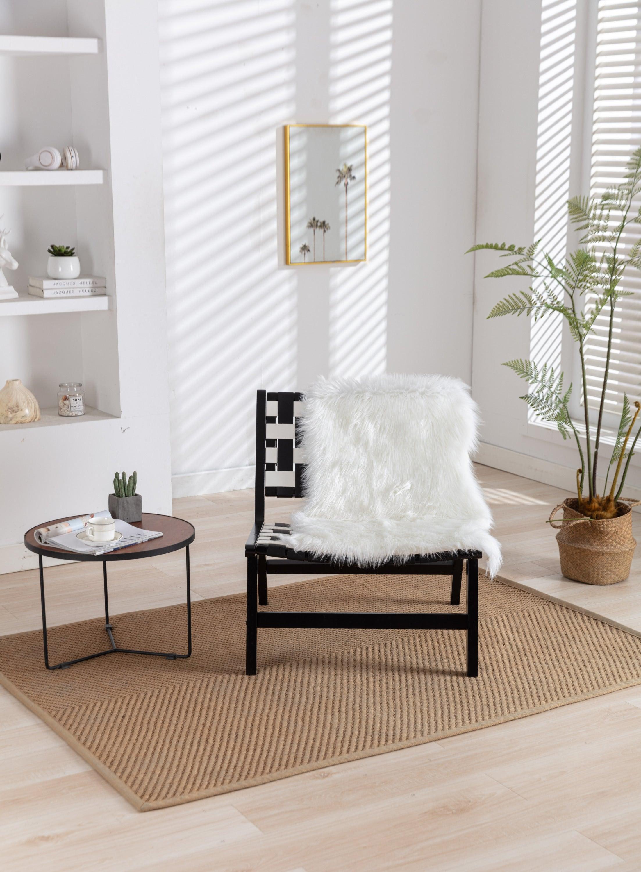 Solid Wood Frame Chair With White Wool Carpet.Modern Accent Chair Lounge Chair for Living Room