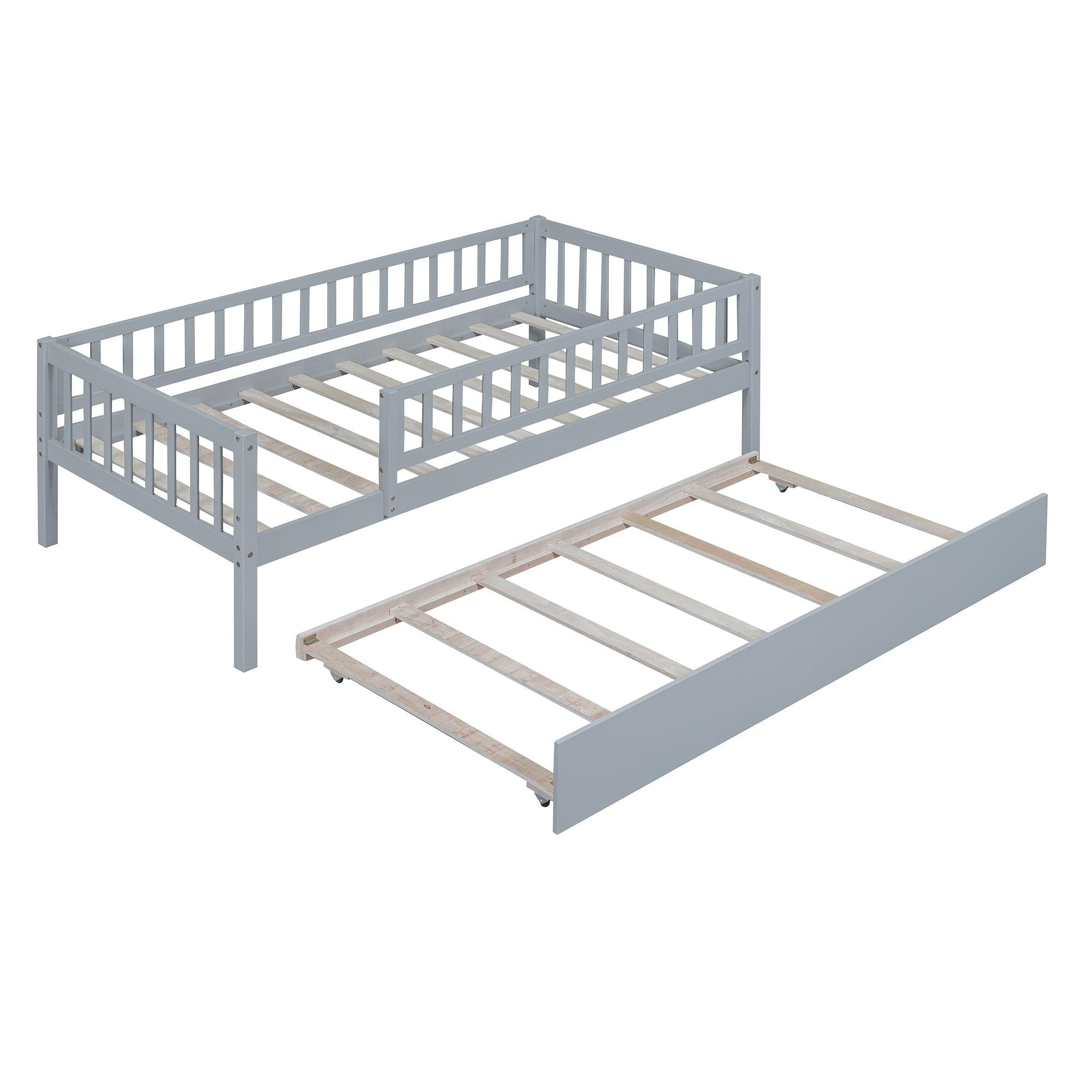 Twin Size Wood Daybed with Trundle and Fence Guardrails, Gray