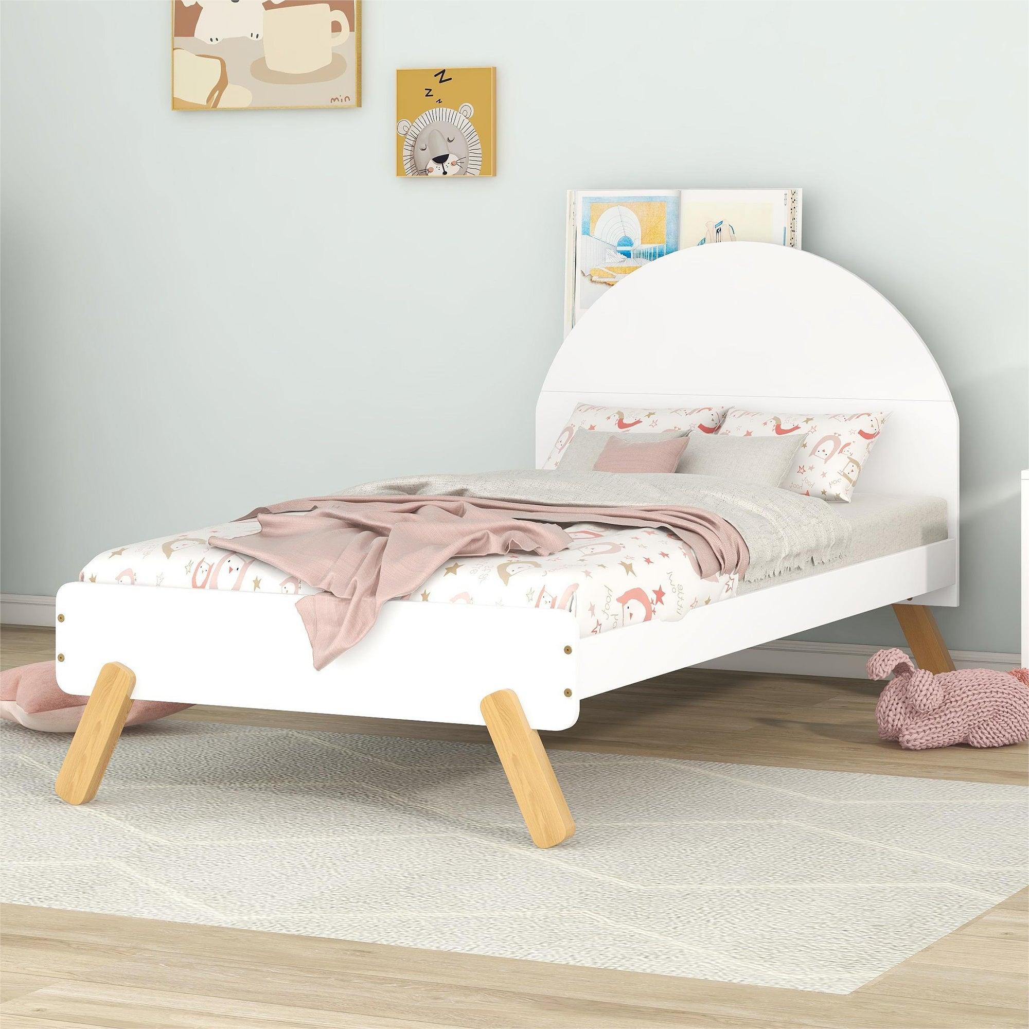 Wooden Cute Platform Bed With Curved Headboard,Twin Size Bed With Shelf Behind Headboard,White image