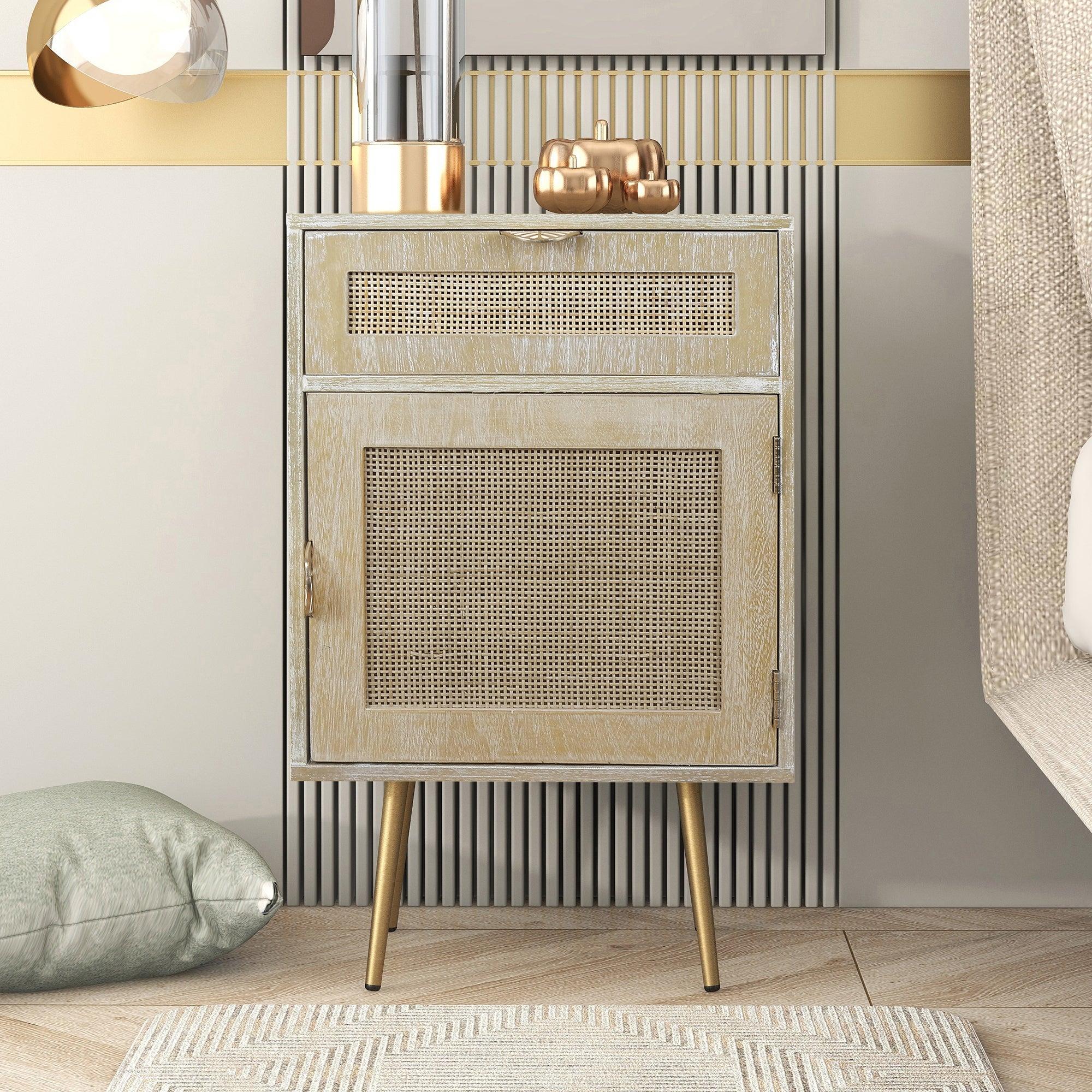 Wooden Nightstand with Rattan Panel,One Drawer ,One Cabinet and Metal Feet  Bedside Table (Natural) image