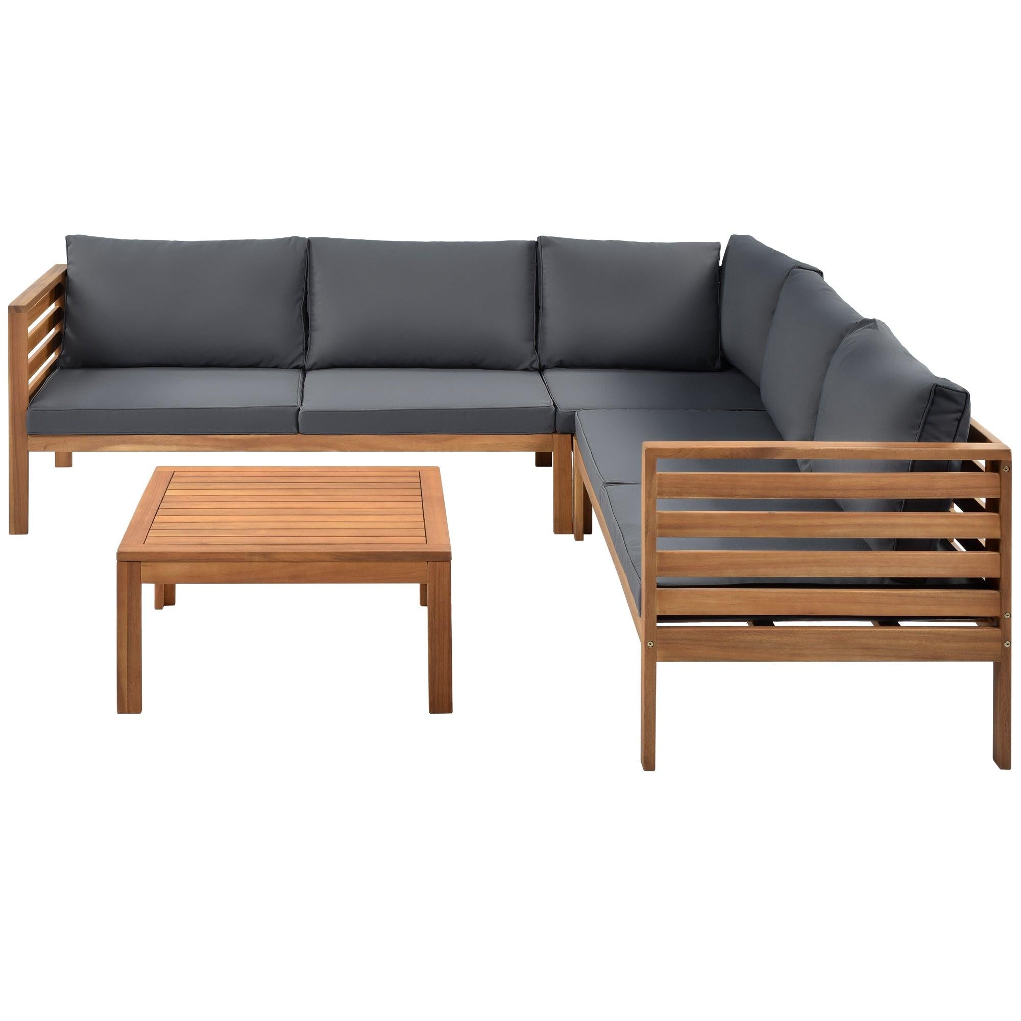 Wood Structure Outdoor Sofa Set with gray Cushions Exotic design Water-resistant and UV Protected texture Two-person Sofa One Corner Sofa plus One Coffee Table Strong Metal Accessories