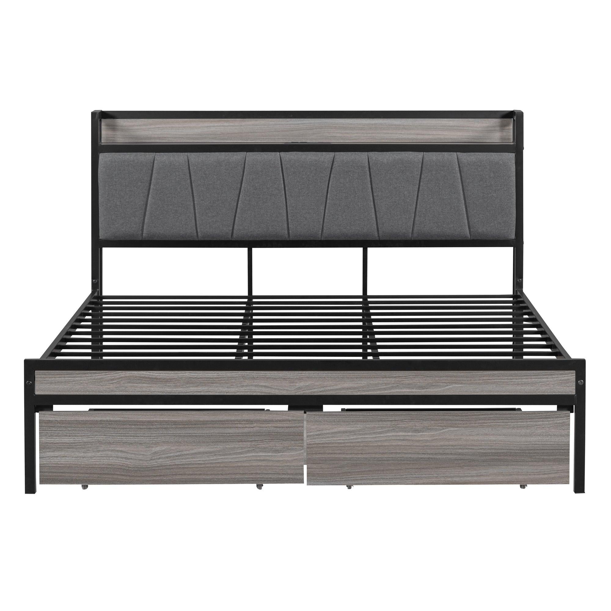 Queen Size Metal Platform Bed Frame with 2 drawers, Upholstered headboard ，Sockets, USB Ports and Slat Support ,No Box Spring Needed，Black