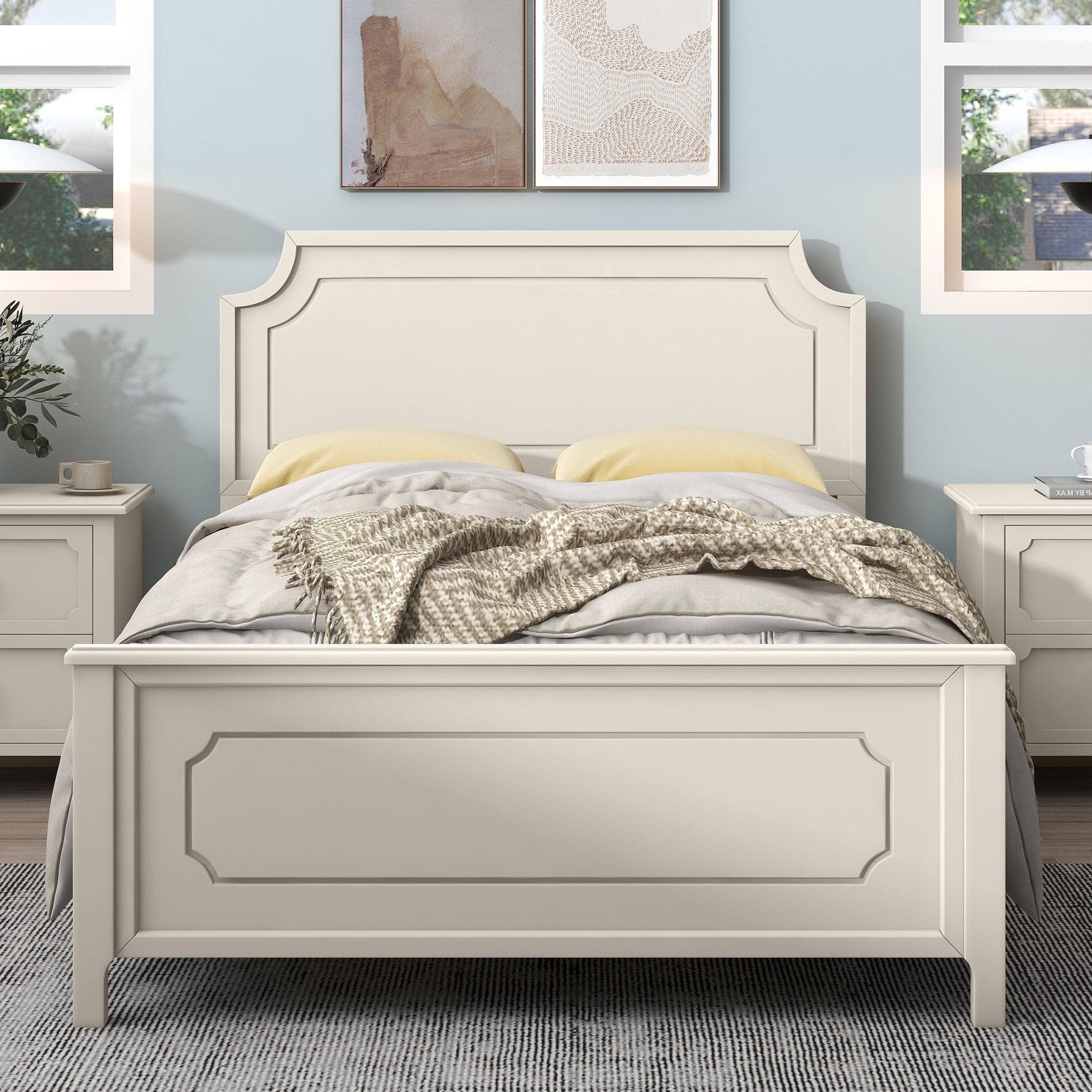 3 Pieces Bedroom Sets Milky White Solid Rubber Wood Full Size Platform Bed with Nightstand and Dresser