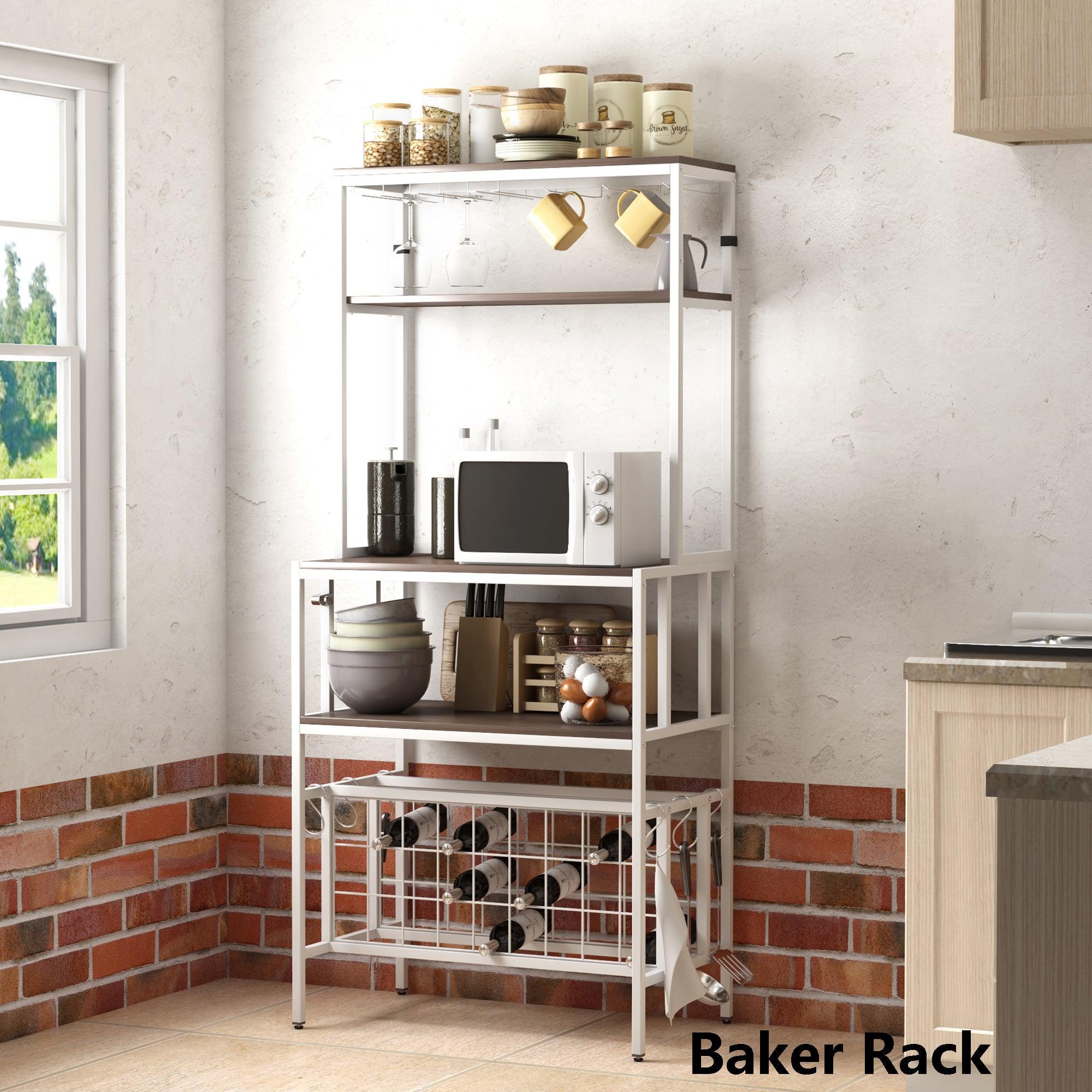 Updated IndustrialModern 5-Tier Baker Rack, Freestanding Bar Wine Rack Table with Glass& Cup Holders&Hooks,  Dark Brown image