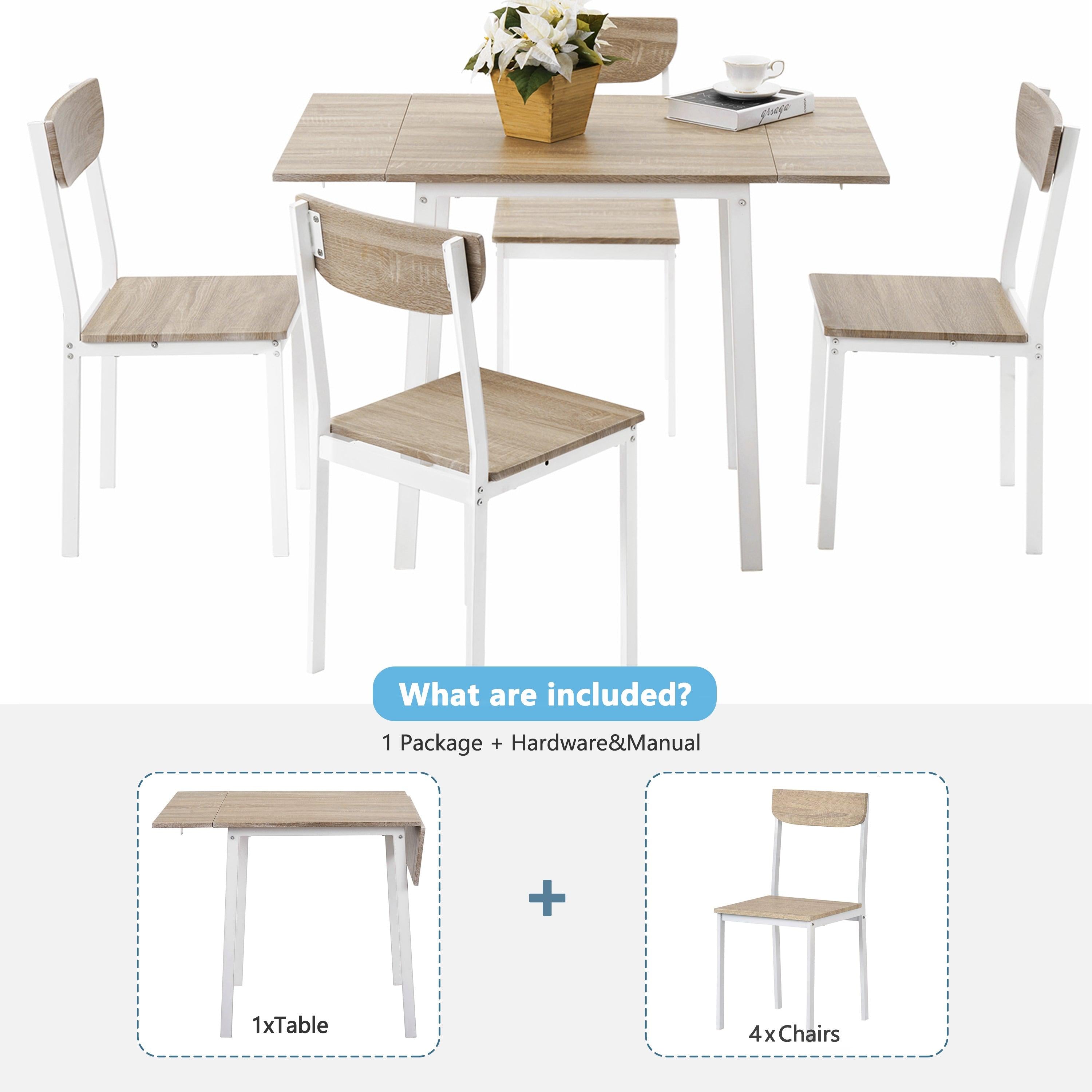 5-pieceModern Metal Dining Set with 1 Drop Leaf Dining Table and 4 chairs Home Kitchen Furniture Dinette Set (Oak Finish)