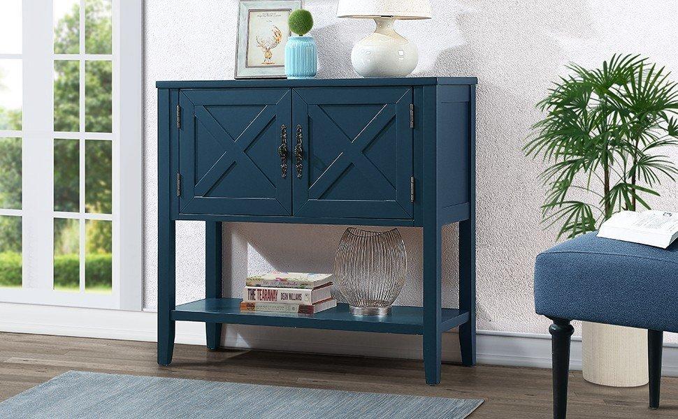 35’’ Farmhouse Wood Buffet Sideboard Console Table with Bottom Shelf and 2-Door Cabinet, for Living Room, Entryway,Kitchen Dining Room Furniture (Navy Blue)