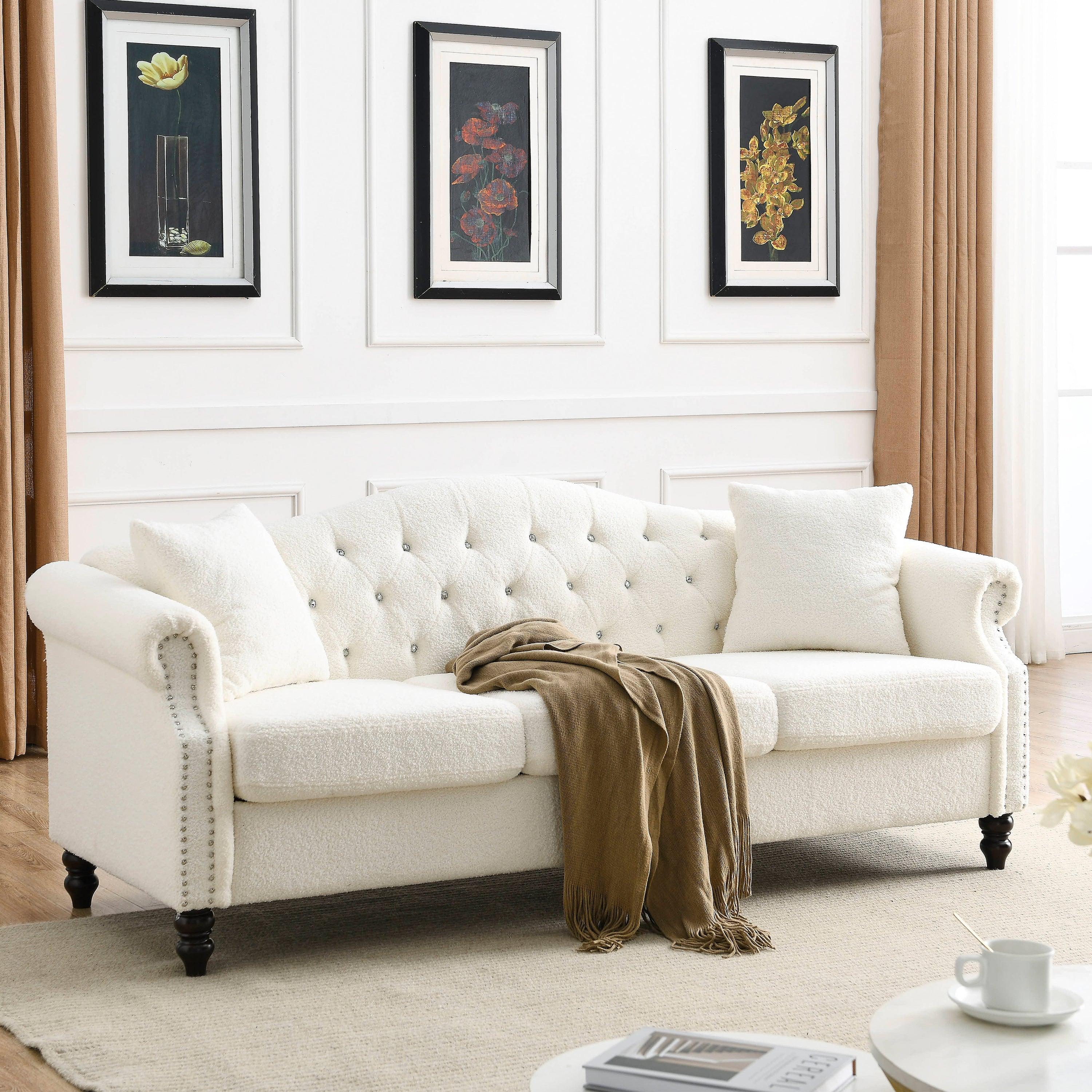 79" Chesterfield Sofa Teddy white for Living Room, 3 Seater Sofa Tufted Couch with Rolled Arms and Nailhead for Living Room, Bedroom, Office, Apartment, two pillows image